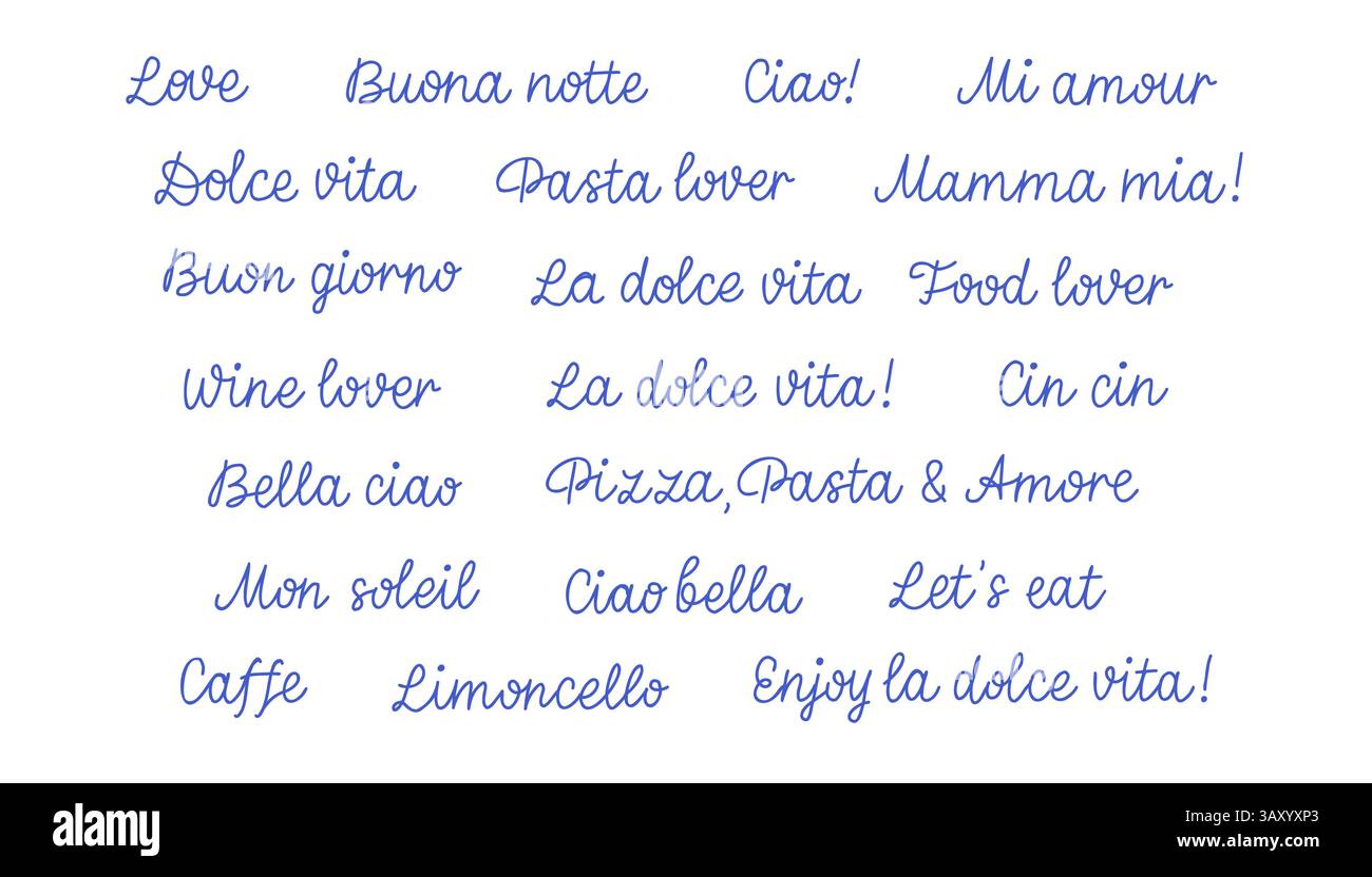 Jeu de lettres Dolce vita dessiné à la main. Vector méditerranée lettrage bleu ensemble de dolce vita, amour, buena notte, Ciao. Guillemets dessinés à la main isolés sur Illustration de Vecteur