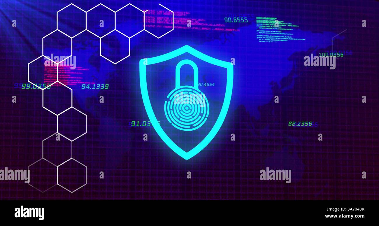 Le bouclier de cybersécurité est montré dans une interface de grille de conception plate, avec des hexagones d'icône d'empreinte digitale Banque D'Images