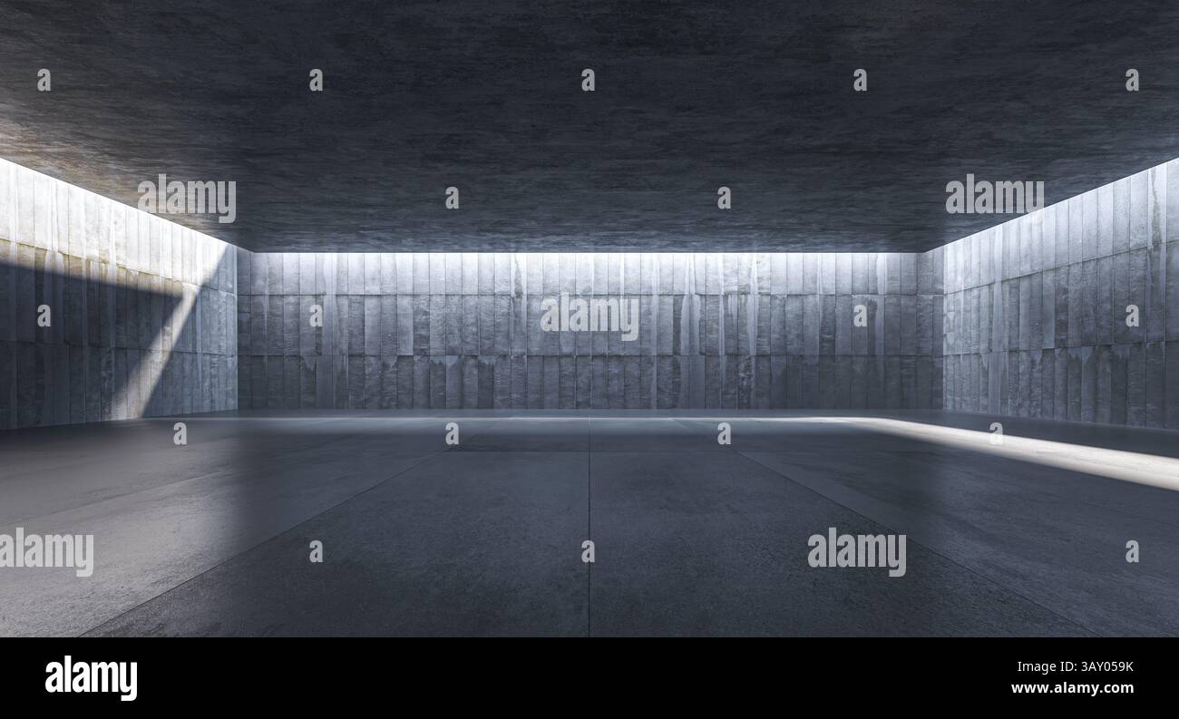 Salle en béton vide avec des faisceaux lumineux 3d. Banque D'Images