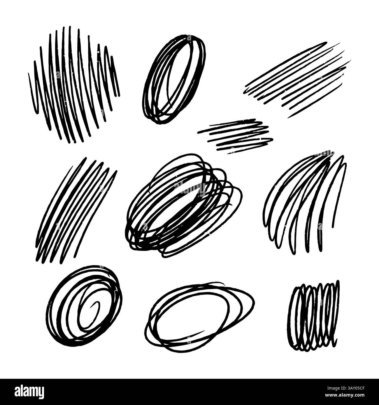 Collection de griffonnages au crayon abstrait dessinés à la main, de traits désordonnés et de lignes pour des arrière-plans créatifs, des textures ou des compositions artistiques. Illustration de Vecteur