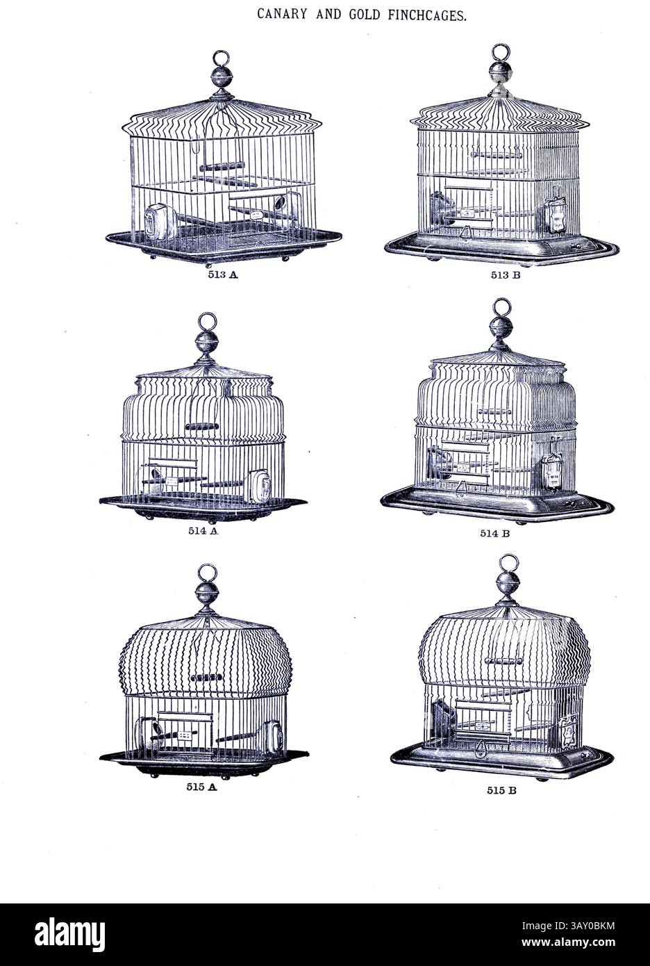 Canary and Goldfinch cages d'après un catalogue de cages et de stands paru dans le livre ' Canaries and cage-Birds : the food, Care, Breeding, Diseases and Treatment of all House Birds ' par Holden, George Henry, 1848-1914 date de publication 1888 auto-publié à New York, Boston, Providence par G. H. Holden Banque D'Images