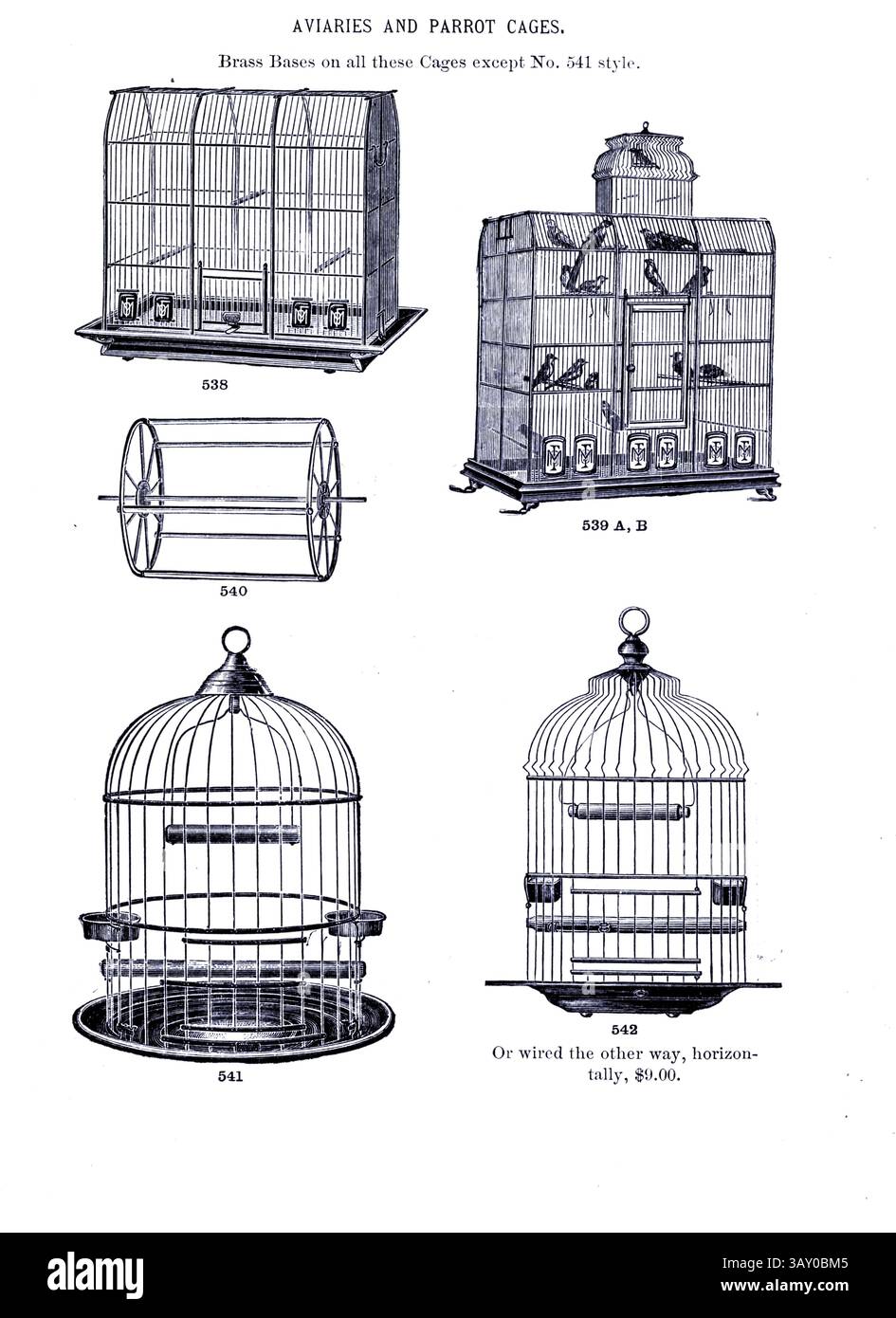 Volières et cages à perroquets d'après un catalogue de cages et de stands paru dans le livre ' Canaries and cage-Birds : the food, Care, Breeding, Diseases and Treatment of all House Birds ' de Holden, George Henry, 1848-1914 date de publication 1888 auto-publié à New York, Boston, Providence par G. H. Holden Banque D'Images