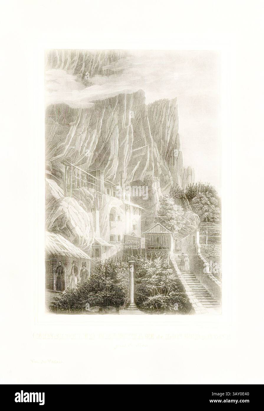 Un paysage serein se caractérise par une toile de fond montagneuse avec des falaises escarpées s'élevant de façon spectaculaire au-dessus de structures pittoresques nichées à la base. Une végétation luxuriante entoure les bâtiments, avec des sentiers sinueux menant au terrain, créant un sentiment d'harmonie entre la nature et l'architecture., Hermitage de Longeborgne près de Sion, Hermitage à Sion, signé : Ritz, serveur, pl. 18, p. 39, Ritz, Lorenz Justin (fect.) ; Kellner (lith.), 1800, Lorenz Justin Ritz, Collection des principales vues et chef-lieux des dixains du canton du Valais. Sion : imprimerie de Schmid et Murmann, [18--], Art classique et moderne Banque D'Images