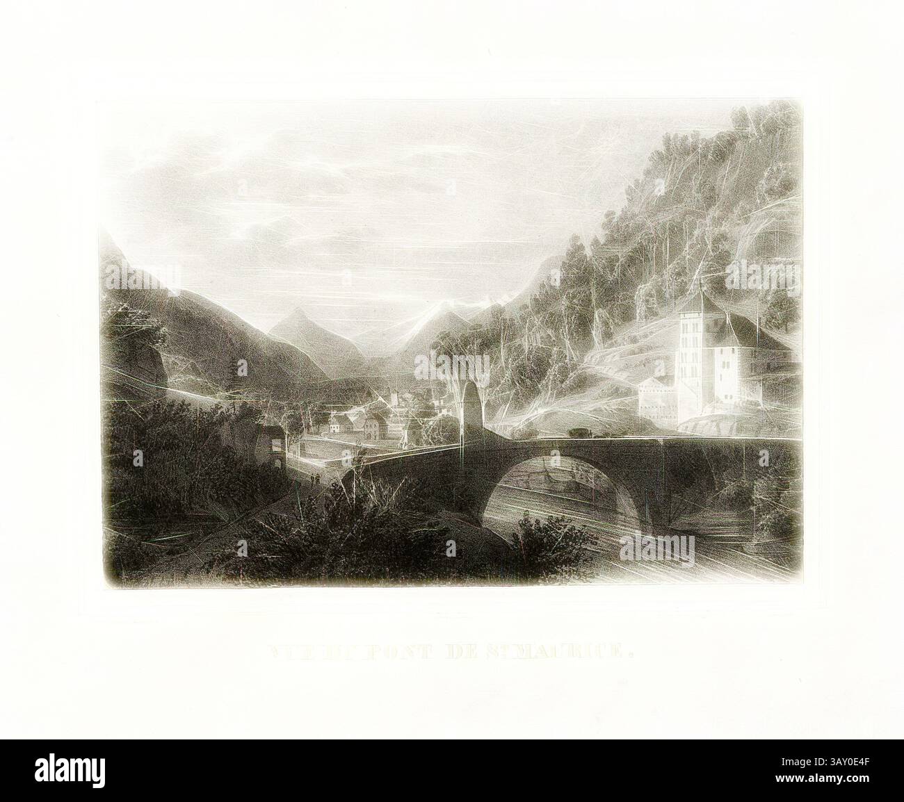 Un paysage serein avec une rivière tranquille coulant sous un pont de pierre, encadrée par des collines luxuriantes et des montagnes lointaines. Un village pittoresque est niché le long des berges, avec de charmants bâtiments mettant en valeur le paysage pittoresque., vue du Pont Maurice, Pont près de Moritz, signé : Ritz, pl. 31, S. 65, Ritz, Lorenz Justin (del.), 1800, Lorenz Justin Ritz, Collection des principales vues et chef-lieux des dixains du canton du Valais. Sion : imprimerie de Schmid et Murmann, [18--], Art classique avec une touche moderne réinventé par Artotop Banque D'Images
