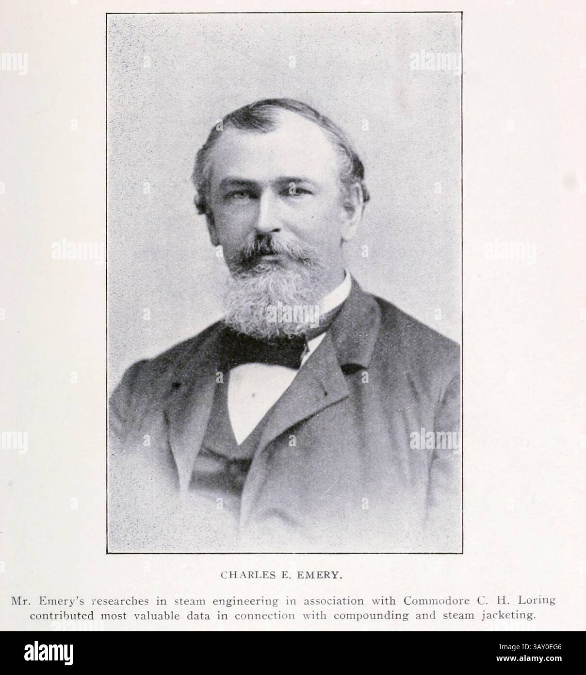CHARLES E. EMERY. Les recherches de M.R. Emery en génie de la vapeur en association avec le commodore C. H. Loring ont apporté les données les plus précieuses en rapport avec le compoundage et le chemisage de vapeur. Tiré de l'article LA CROISSANCE DE L'ÉCONOMIE EN GÉNIE MARITIME. Par Walter M. McFarland. PARTIE II. L'INTRODUCTION DE MOTEURS COMPOSÉS ET DE PRESSIONS PLUS ÉLEVÉES. Tiré de l'Engineering Magazine consacré au progrès industriel volume XXIII 1902 The Engineering Magazine Co Banque D'Images