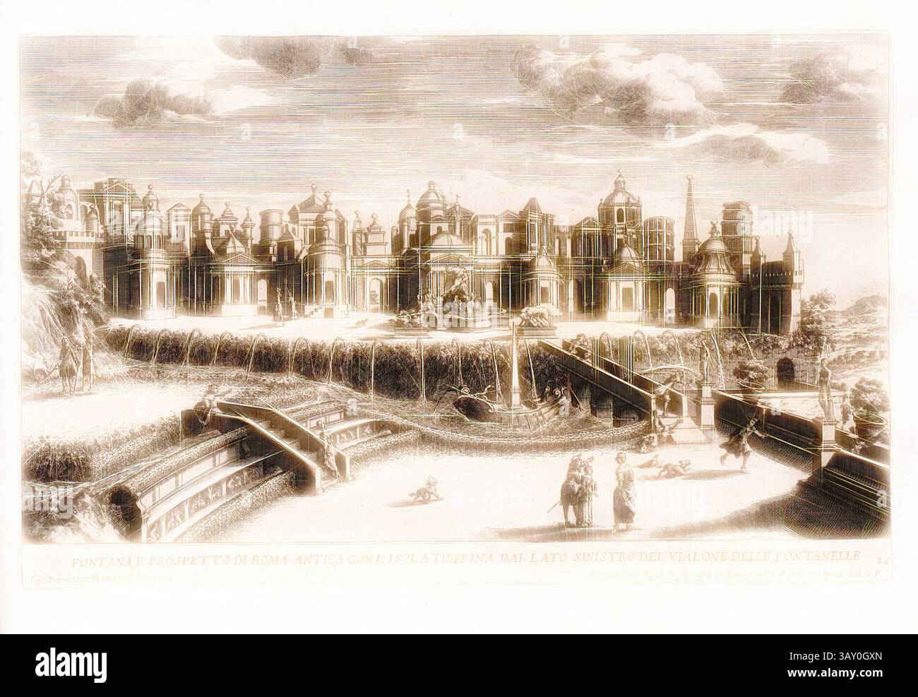 Un grand ensemble architectural comprend des bâtiments complexes avec des dômes et des tours, dans un paysage pittoresque. Une eau qui coule présente des cascades devant, tandis que les personnages se promènent et s'adonnent à des activités de loisirs, ajoutant de la vie à la scène sereine. Des ponts décoratifs relient les différents éléments, améliorant l'élégance générale du cadre., Fontaine, et vue de la Rome antique avec l'île du Tibre du côté gauche de la Vialone Delle Fontalle, vue de Rome du 17ème siècle, signé : Gio Francesco Venturini del. Et inc, Gio., Giacomo Rössi le stampa in Roma alla Pace con priu., del Banque D'Images