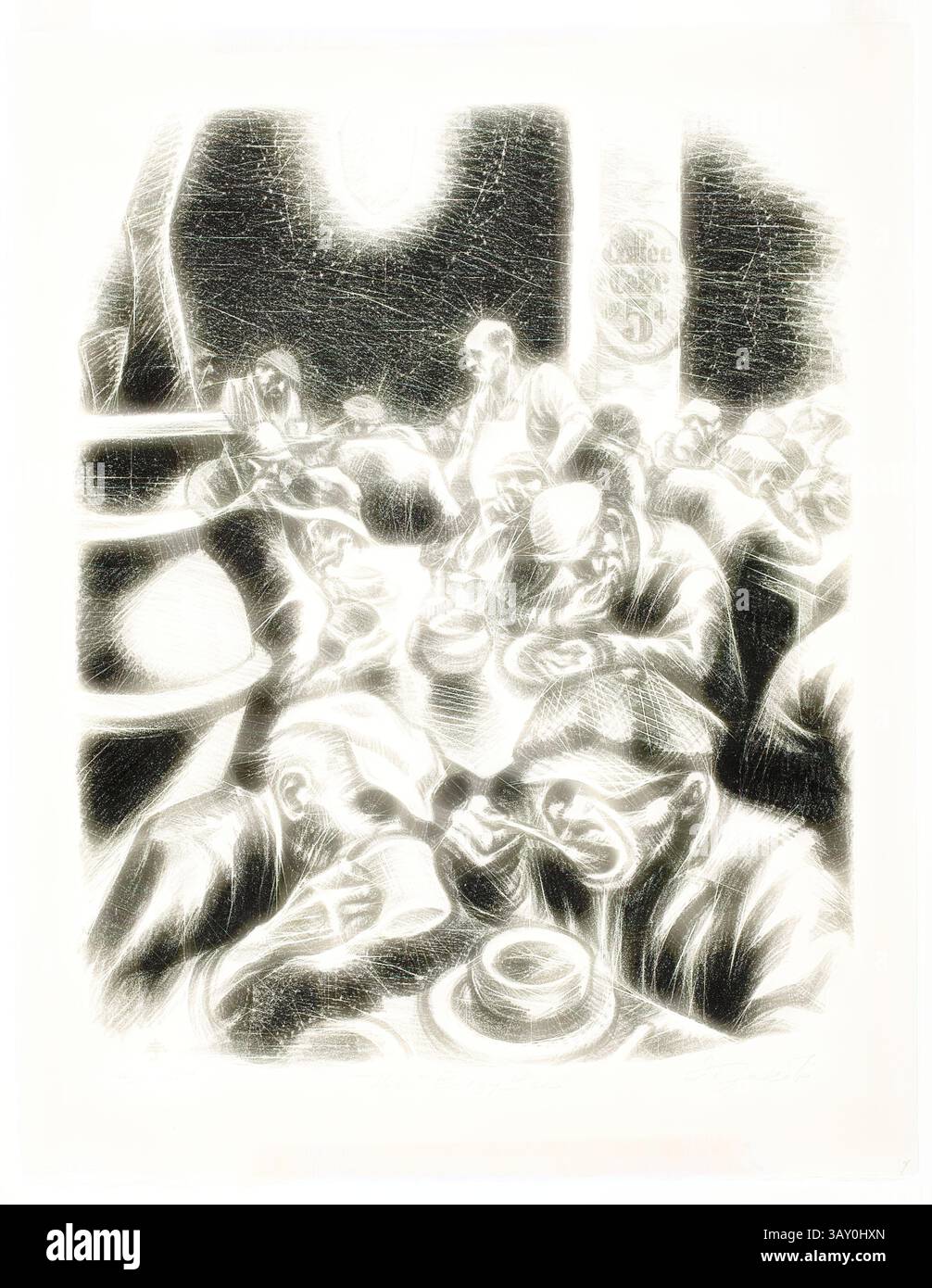 Une scène animée de dîner capture un groupe de clients penchés au-dessus de leurs repas, absorbés par la conversation et l'atmosphère qui les entoure. Les personnages expressifs véhiculent un sentiment de camaraderie et d'expérience partagée, mettant l'accent sur la simplicité et la chaleur des repas communs., Eli Jacobi, américain, 1898-1984, The Busy Bee, 1938, lithographie imprimée à l'encre noire sur papier tissé blanc cassé, image : 13 1/4 × 10 3/4 pouces (33,7 × 27,3 cm), Art classique avec une touche moderne réinventée par Artotop Banque D'Images