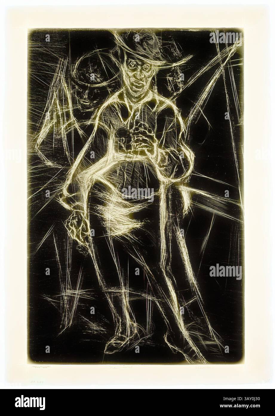 Une figure dans un chapeau et un costume s'accroupissent avec une expression intense, entourée de lignes dynamiques qui créent une sensation de mouvement et d'énergie. La scène transmet un sentiment d'urgence et de tension, avec le regard du personnage dirigé vers l'avant, invitant l'intrigue., Nan Lurie, américaine, 1910-1985, haut-parleur, vers 1938, lithographie imprimée à l'encre noire sur papier tissé, image : 20 1/8 × 13 1/8 pouces (51,1 × 33,3 cm), Art classique avec une touche moderne réinventée par Artotop Banque D'Images