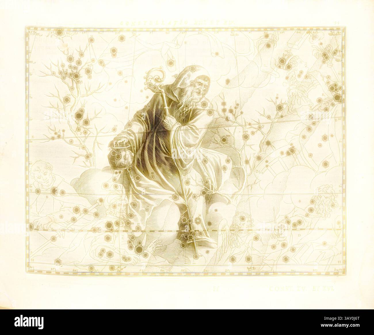 Une figure solitaire drapée de robes fluides tient une lanterne, entourée de motifs floraux complexes et de nuages tourbillonnants. L'atmosphère transmet un sentiment de mystère et de contemplation, tandis que la figure regarde avec soin au loin. Les détails délicats et le design orné créent une qualité onirique, invitant le spectateur dans une scène tranquille mais énigmatique., Serpentarius serpent, constellations Serpent Bearer (Ophiuchus) et Serpent, Constellatio XIII et XIV, p. 55, Bayer, Johann ; Kager, Johann Matthias ; Kilian, Lucas ; Schecs, Kaspar, 1627, Julius Schiller : Coelum stellatum christianum (...). Au Banque D'Images