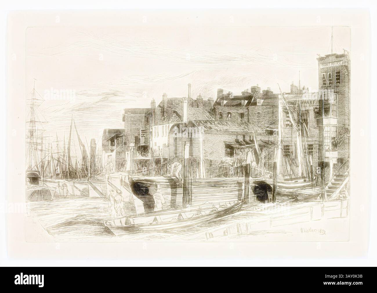 Une scène portuaire sereine avec des bateaux ancrés le long d'un front de mer animé, avec des bâtiments pittoresques bordant la rive, reflétant un sentiment de charme historique et d'activité maritime., James Abbott McNeill Whistler, américain, 1834-1903, police de Thames, 1859, gravure imprimée à l'encre noire sur papier couché, plaque : 6 × 9 pouces (15,2 × 22,9 cm), art classique avec une touche moderne réinventée par Artotop Banque D'Images