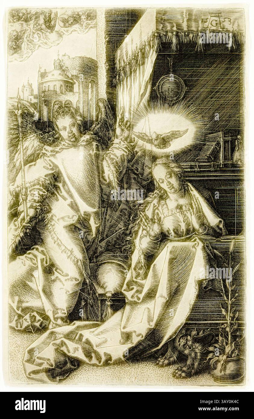 Une figure céleste aux ailes déployées se tient à côté d'une femme assise, qui semble contemplative. La scène est imprégnée d'une atmosphère sereine mais dramatique, avec des éléments architecturaux ornés en arrière-plan et des détails complexes tout au long. La lumière émane d'un halo au-dessus de la femme, suggérant un moment d'inspiration divine ou de révélation. Un petit chat observe tranquillement le récit qui se déroule, ajoutant une touche de tranquillité domestique au tableau éthéré., Heinrich Aldegver, allemand, 1502-1561, Annonciation, 1553, gravure imprimée à l'encre noire, image : 4 1/2 × 2 5/8 pouces (11,4 × 6 Banque D'Images