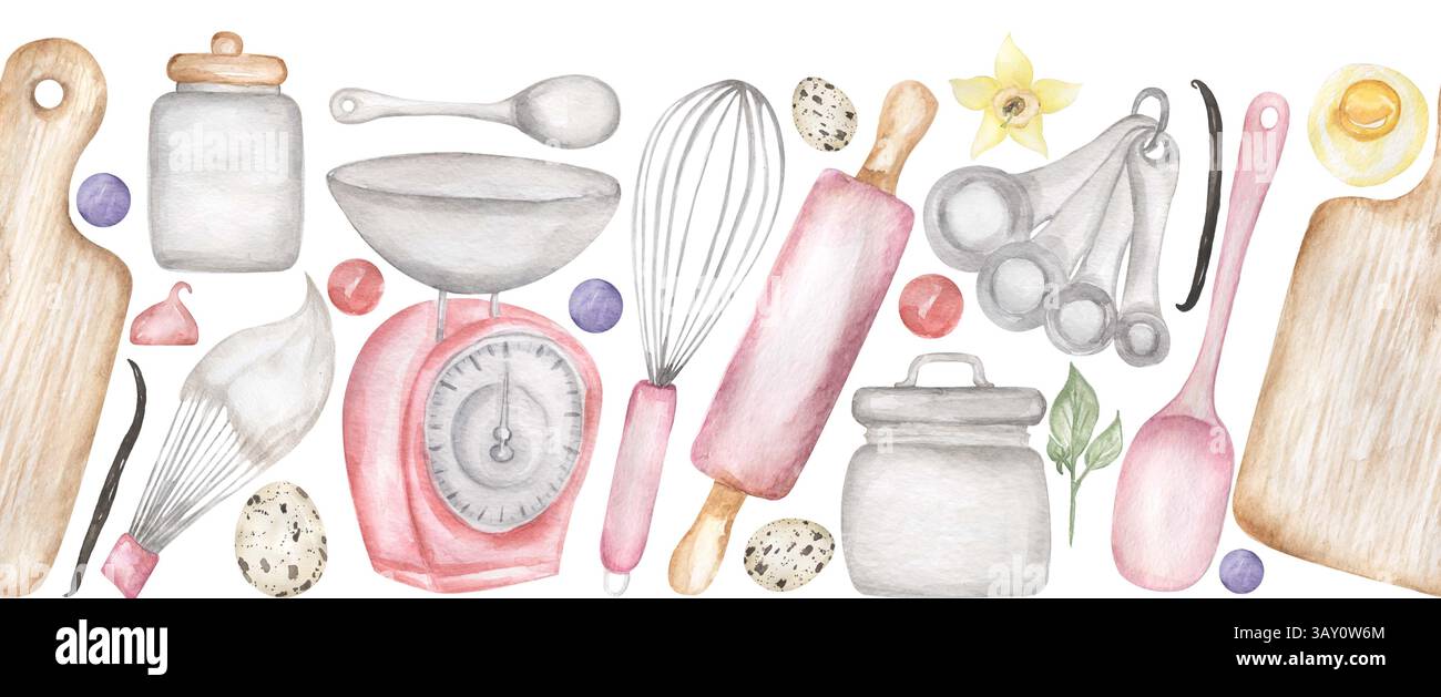 ustensiles de cuisine aquarelle frontière sans couture, produits de boulangerie répètent le modèle, scrapbooking Banque D'Images