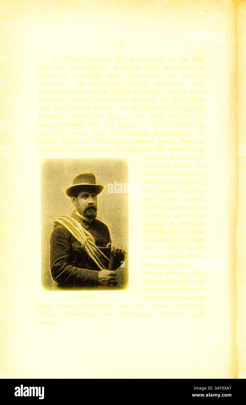 Un personnage historique pose avec confiance, vêtu d'une tenue d'époque et orné d'une ceinture. Derrière lui, le texte détaille un contexte significatif, mettant l’accent sur des thèmes culturels ou historiques. L'atmosphère générale évoque un sentiment de nostalgie et d'importance., leader type, Portrait Karl Hess, Datum Estimate, p. 30, p. 42, Albert Fleiner ; Xaver Imfeld [et al.] : Engelberg : Streifzüge durch Gebirg und Tal. Zürich : Hofer & Burger, [18--], Art classique avec une touche moderne réinventée par Artotop Banque D'Images