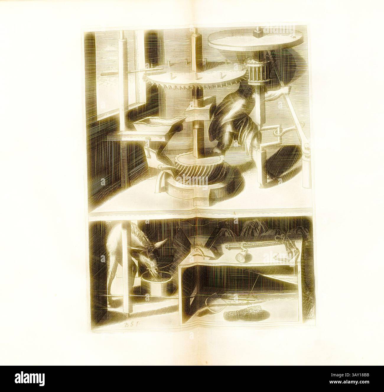 Une illustration complexe représentant un appareil mécanique précoce, présentant des engrenages et des leviers dans un cadre d'atelier, avec divers outils et matériaux agencés de manière réfléchie. La conception met l'accent sur l'artisanat et l'ingéniosité dans les machines., un autre type de moulins à main avec un panier de type presque précédent, moulin à main conduit par une personne avec un levier, signé : B. S. (F.), Fig. 15, après p. 18, p. 39, Schwan, Balthasar (F.), 1629, Iacobum de Strada à Rosberg : Kunstliche Abriss, allerhand Wasser-, Wind-, Ross- und Hand Mühlen, beneben schönen und nützlichen Pompen, auch andern Machinen, damit das Wasser Banque D'Images