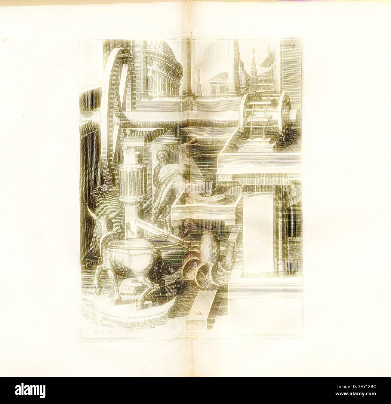 Une illustration complexe représentant un arrangement complexe de machines et d'éléments d'ingénierie, avec des engrenages, des poulies, et une figure en arrière-plan, le tout minutieusement détaillé pour mettre en évidence l'interaction de la technologie et de l'artisanat., Une sorte de moulin à cheval, Mill conduit par un cheval et de l'eau, signé : B. S. (F.), Fig. 18, après p. 18, p. 42, Schwan, Balthasar (F.), 1629, Iacobum de Strada à Rosberg : Kunstliche Abriss, allerhand Wasser-, Wind-, Ross- und Hand Mühlen, beneben schönen und nützlichen Pompen, auch andern Machinen, damit das Wasser in Höhe zuerheben, auch lustige Brunnen u Banque D'Images
