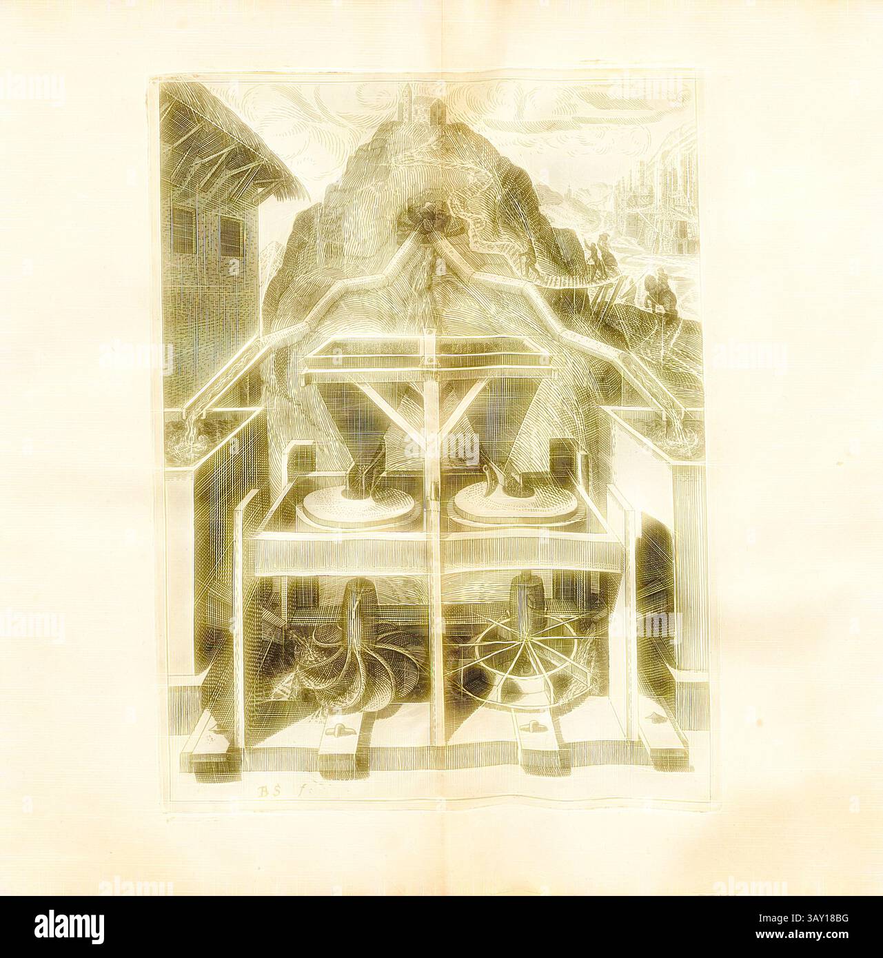 Une illustration complexe représentant un mécanisme de roue à eau, avec des gravures détaillées des roues et du paysage environnant, soulignant la relation entre la technologie et la nature., une sorte de moulin à eau avec des roues à eau ligature, moulin à eau avec des roues horizontales, signé : B. S. (F.), Fig. 6, après p. 18, p. 30, Schwan, Balthasar (F.), 1629, Iacobum de Strada à Rosberg : Kunstliche Abriss, allerhand Wasser-, Wind-, Ross- und Hand Mühlen, beneben schönen und nützlichen Pompen, auch andern Machinen, damit das Wasser in Höhe zuerheben, auch lustige Brunnen und Wasserwerck, dergleic Banque D'Images