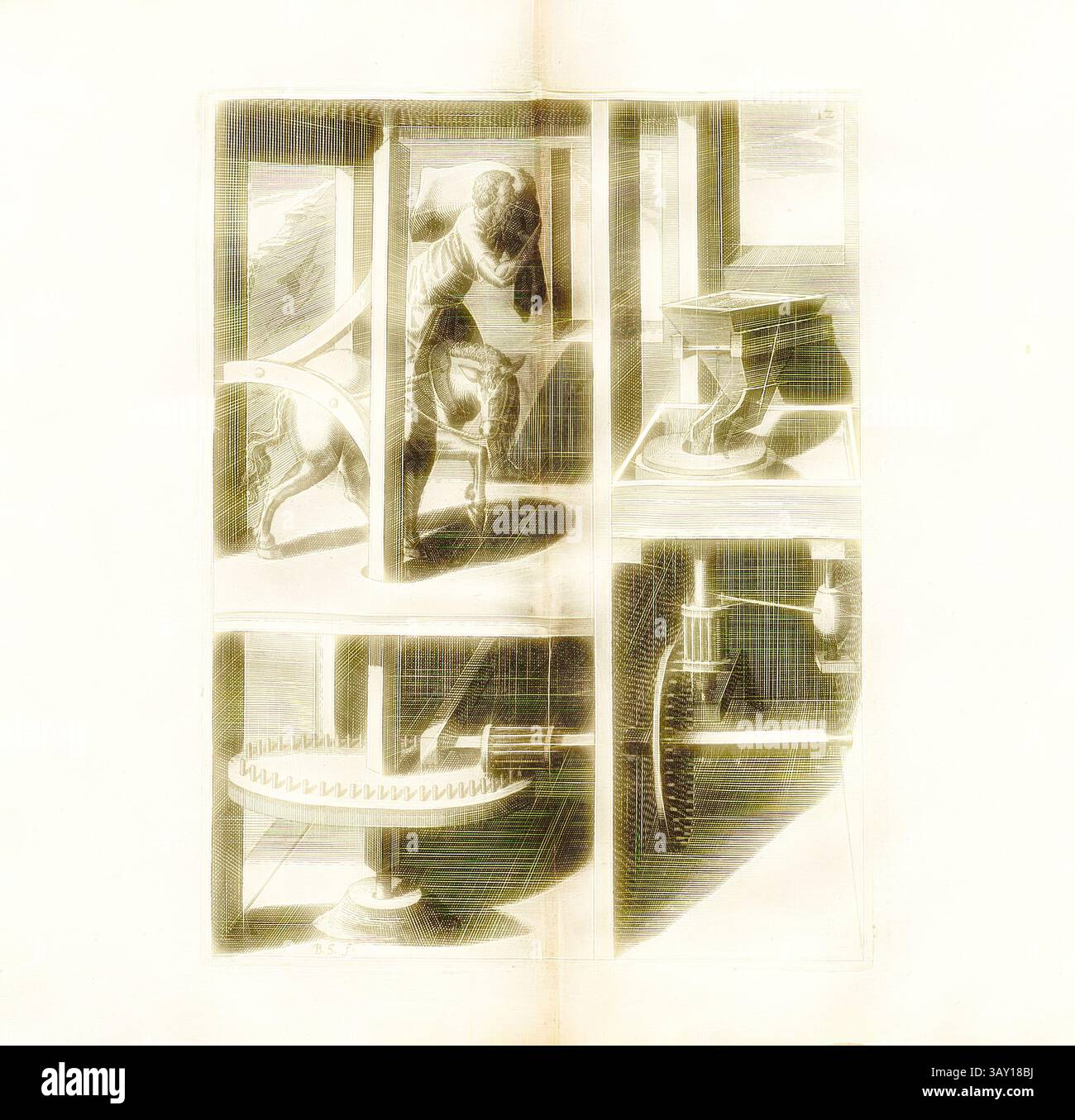 Une illustration complexe mettant en vedette une série de panneaux qui représentent divers dispositifs mécaniques et figures. Les scènes comprennent une figure interagissant avec une créature, un mécanisme de roue complexe, et un appareil avec des éléments fluides, mettant en valeur l'interaction des humains et des machines dans un contexte historique., Un moulin est ainsi déplacé par la force d'un cheed, moulin entraîné par un cheval, signé : B. S. (F.), Fig. 12, après p. 18, p. 35, Schwan, Balthasar (F.), 1629, Iacobum de Strada à Rosberg : Kunstliche Abriss, allerhand Wasser-, Wind-, Ross- und Hand Mühlen, beneben schönen und nützlichen Pompen, auch Banque D'Images
