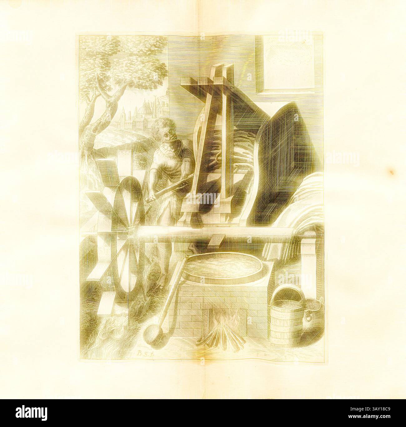 Une scène historique représentant une roue à eau avec une figure de travail à proximité, entourée par la nature. Le cadre comprend un environnement rustique avec des outils et des équipements liés aux machines entraînées par l'eau, soulignant l'ingéniosité de l'ingénierie précoce., Une sorte de Walckmühlen, les serviettes sont battues par un moulin, signé : b.S., (F.), Fig. 5, après p. 18, p. 29, Schwan, Balthasar (F.), 1629, Iacobum de Strada à Rosberg : Kunstliche Abriss, allerhand Wasser-, Wind-, Ross- und Hand Mühlen, beneben schönen und nützlichen Pompen, auch andern Machinen, damit das Wasser in Höhe zuerheben, auch lustige Brunnen und Banque D'Images