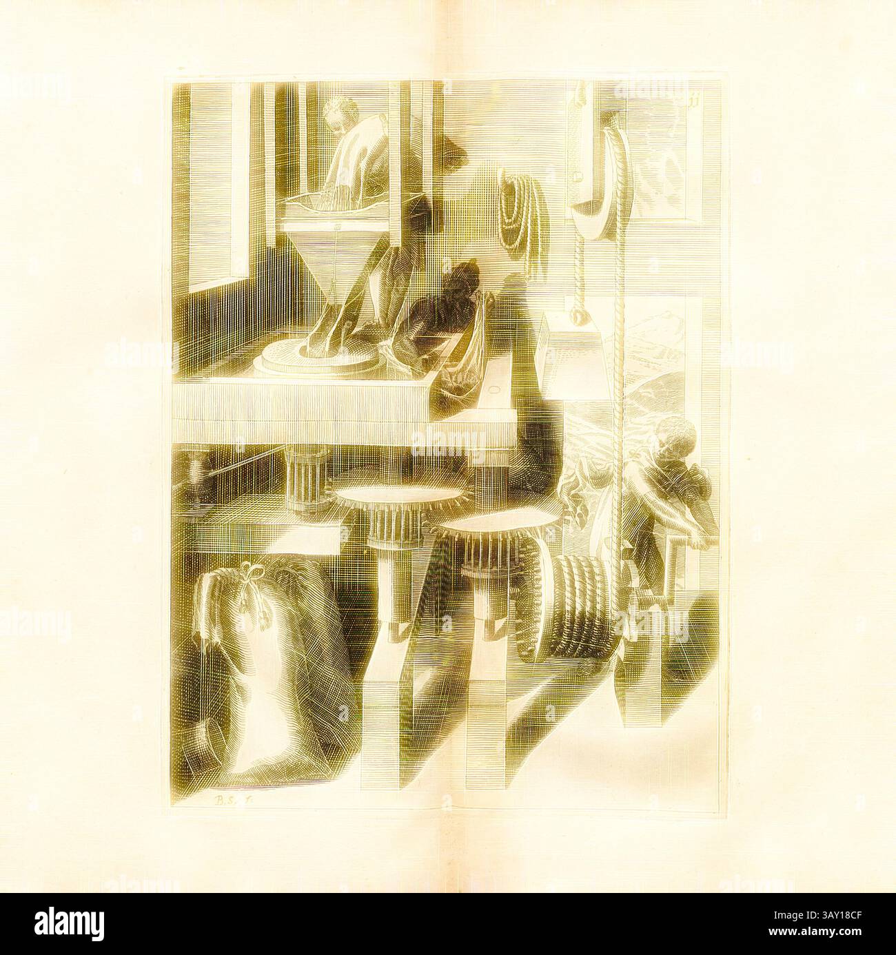 Une composition complexe avec des figures abstraites et des formes géométriques, entrelacées avec des éléments de mouvement et de dialogue. La scène transmet un sentiment d'activité et de contemplation, avec des figures engagées dans diverses actions au milieu d'un fond de lignes et de formes structurées., Un Mahlmühl est entraîné par le poids, moulin entraîné par un humain, signé : B. S. (F.), Fig. 11, après p. 18, p. 35, Schwan, Balthasar (F.), 1629, Iacobum de Strada à Rosberg : Kunstliche Abriss, allerhand Wasser-, Wind-, Ross- und Hand Mühlen, beneben schönen und nützlichen Pompen, auch andern Machinen, damit das Wasser in Höhe zuerheben, au Banque D'Images