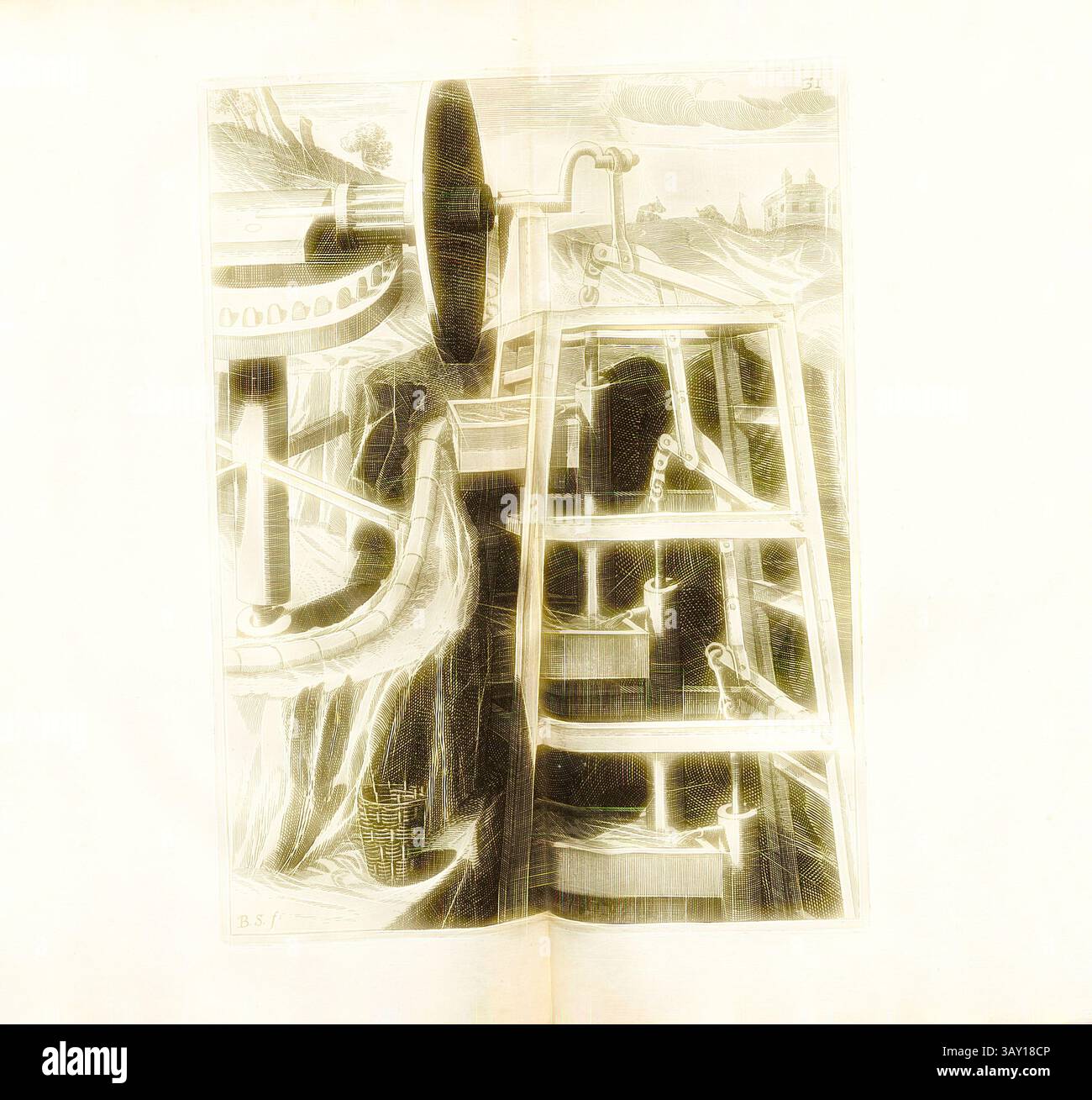 Une illustration complexe montrant un mécanisme de roue à eau, entouré de divers tuyaux et un paysage serein en arrière-plan. La conception détaillée met en évidence les éléments d'ingénierie et l'interaction de l'eau et des machines., Un triple Pompwerck pour amener l'eau à une hauteur vertigineuse, pompe à eau qui transporte l'eau des profondeurs sur trois niveaux, signé : B. S. (F.), Fig. 31, après p. 18, p. 55, Schwan, Balthasar (F.), 1629, Iacobum de Strada à Rosberg : Kunstliche Abriss, allerhand Wasser-, Wind-, Ross- und Hand Mühlen, beneben schönen und nützlichen Pompen, auch andern Machinen, damit Banque D'Images
