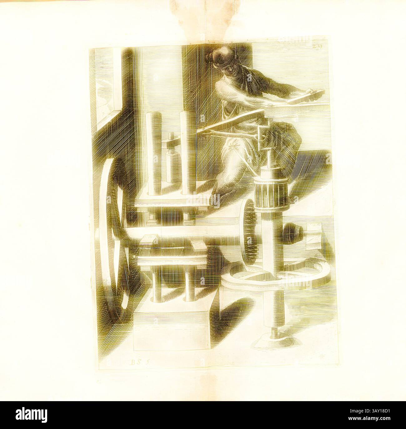 Une représentation historique d'un artisan exploitant une machine complexe, entouré d'engrenages et de mécanismes complexes, mettant en évidence l'artisanat et l'innovation de l'époque., A Dreyfachs Pompwerck, station de pompage pour tirer de l'eau, signé : B. S. (F.), Fig. 29, après p. 18, p. 53, Schwan, Balthasar (F.), 1629, Iacobum de Strada à Rosberg : Kunstliche Abriss, allerhand Wasser-, Wind-, Ross- und Hand Mühlen, beneben schönen und nützlichen Pompen, auch andern Machinen, damit das Wasser in Höhe zuerheben, auch lustige Brunnen und Wasserwerck, dergleichen vor diesem nie gesehen worden : jetzo mit unders Banque D'Images