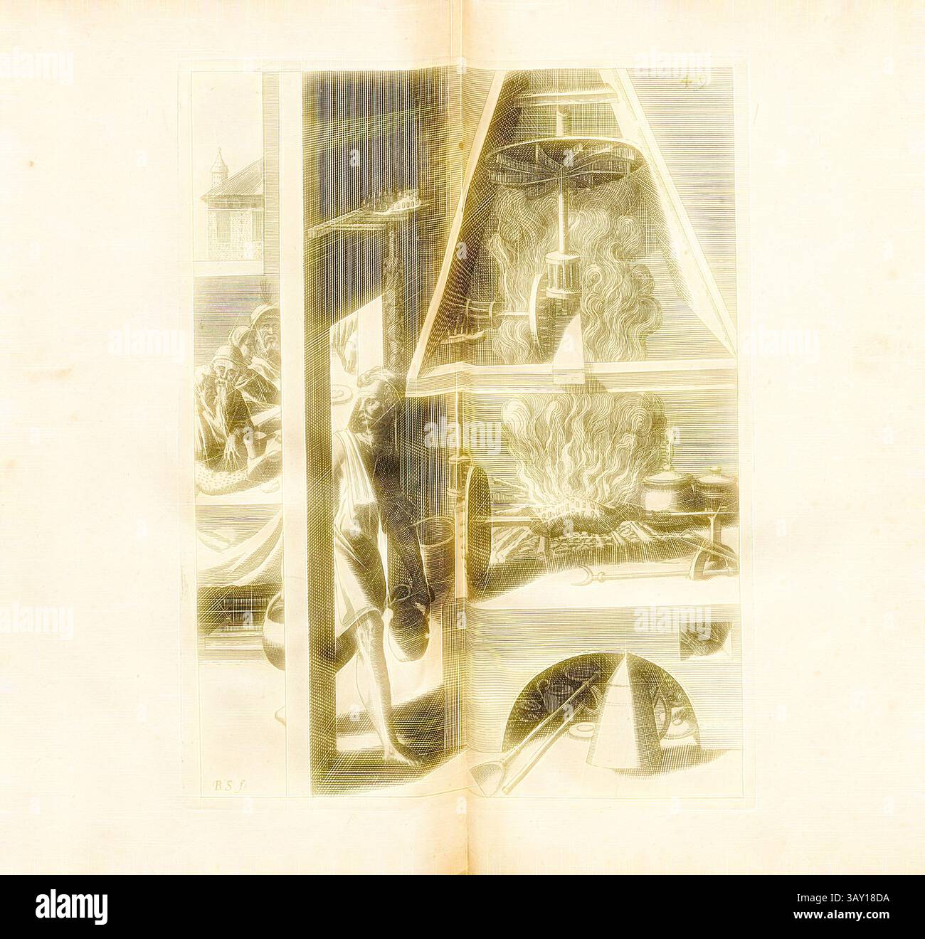 Une illustration complexe représentant une scène d'individus engagés dans diverses activités autour d'une source de chaleur centrale, avec des expressions détaillées de concentration et de travail. Des éléments d'architecture et d'outils suggèrent une atmosphère industrieuse, soulignant l'importance de l'artisanat et de la collaboration communautaire., Un torréfacteur de sorte que la fumée dérive, torréfacteur entraîné par la fumée du feu, signé : B. S. (F.), Fig. 49, après p. 18, p. 73, Schwan, Balthasar (F.), 1629, Iacobum de Strada à Rosberg : Kunstliche Abriss, allerhand Wasser-, Wind-, Ross- und Hand Mühlen, beneben schönen und nützlichen P Banque D'Images