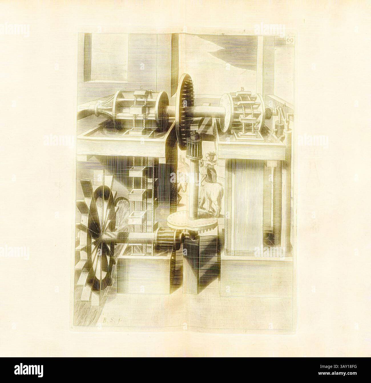 Une illustration complexe de machines comportant des engrenages, des roues et un mécanisme central, mettant en évidence la complexité du design industriel. La composition présente un mélange d'éléments mécaniques et d'une figure interagissant avec l'équipement., Une Machina par laquelle l'eau est soulevée et refoulée en même temps, un créateur d'eau entraîné par une roue à eau, avec laquelle deux pompes sont actionnées en même temps., signé : B. S. (F.), Fig. 69, après p. 18, p. 93, Schwan, Balthasar (F.), 1629, Iacobum de Strada à Rosberg : Kunstliche Abriss, allerhand Wasser-, Wind-, Ross- und Hand Mühlen, beneben schönen und Banque D'Images