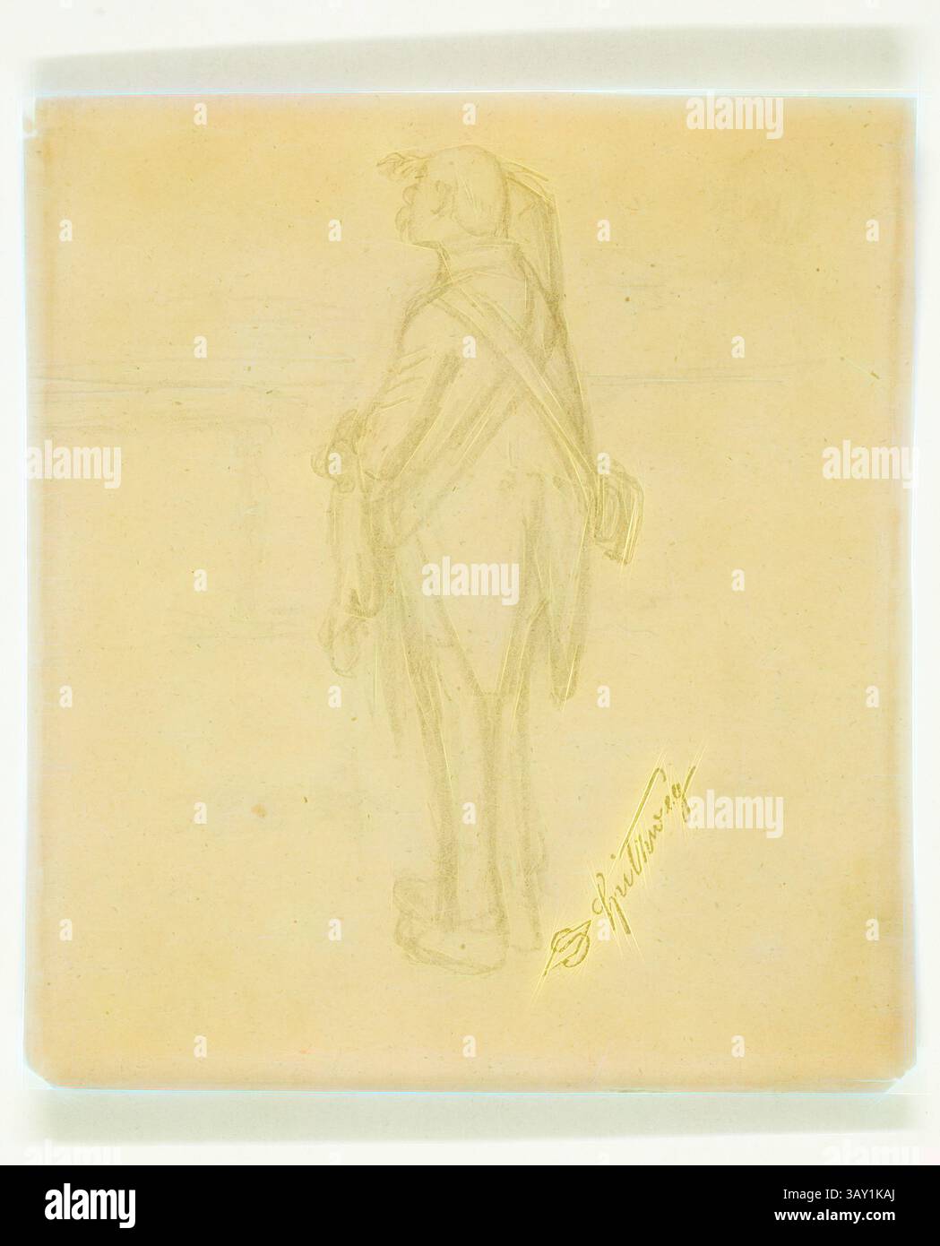 Un personnage se tient de profil, vêtu d'une tenue d'époque, regardant soigneusement au loin. Le contour est doux et subtil, donnant un sentiment de nostalgie. Une signature est visible en bas, indiquant le style de l'artiste., Carl Spitzweg, Allemand, 1808-1885, Soldier debout regardant en distance, CA. 1859, crayon graphite sur papier tissé blanc cassé, feuille : 6 7/8 × 5 7/8 pouces (17,5 × 14,9 cm), Art classique avec une touche moderne réinventée par Artotop Banque D'Images