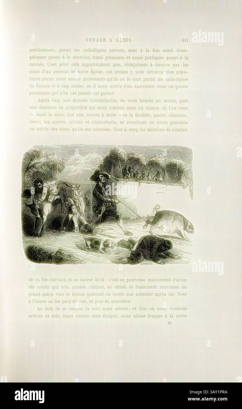 Scène représentant un groupe d'individus engagés dans diverses activités près d'un plan d'eau, avec un accent sur l'interaction avec les animaux et le bétail. En arrière-plan, un paysage présente des collines ondulantes et une petite colonie, tandis que certains personnages travaillent et s'occupent de leur environnement., après Gap, Disturbed Animals on the Road at Gap, Datum Estimate, p. 441 567, Toepffer, Rodolphe (d'apres), Rodolphe Töpffer : nouveaux voyages en zigzag, à la Grande-Chartreuse, autour du Mont Blanc, dans les vallées d'Hérens, de Zermatt, au Grimsel, à Gênes et à la Corniche. Éd. 5. Paris. Garnier, 1 Banque D'Images