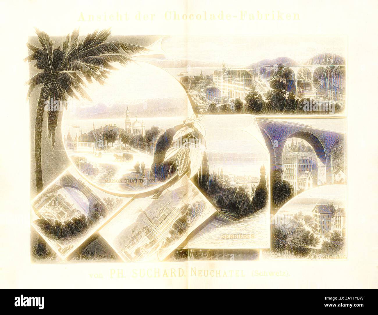 Une illustration de style vintage présentant diverses vues panoramiques, y compris des paysages, des bâtiments et des palmiers. L'œuvre d'art promeut une chocolaterie et met en valeur les lieux qui lui sont associés, avec un mélange d'images détaillées et typographie élégante., vue des chocolateries de Ph. Suchard, Neuchâtel Suisse, chocolats et maison de Philippe Suchard à Neuchâtel et Serrières, signé : Orell Füssli & Co. X. A, Fig. 52, après p. 119, Weber, Johannes (del.) ; Orell Füssli & Co. (exc.), 1884, Ernst Buss : Glarnerland und Walensee. Zürich : Verlag, Druck und illustration von Orel Banque D'Images