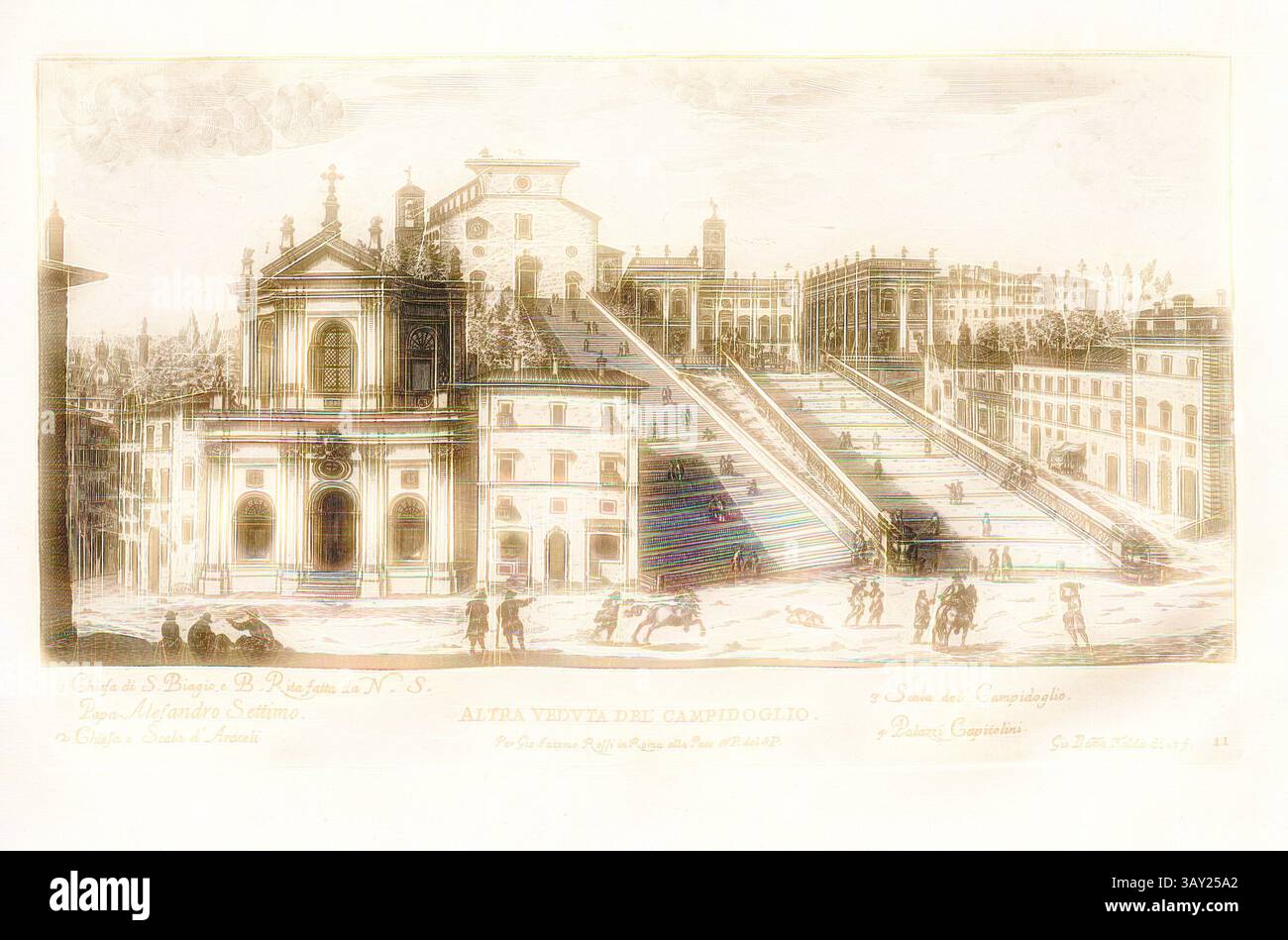 Illustration architecturale détaillée montrant un grand escalier menant à un bâtiment élaboré, flanqué de structures ornées et de piétons animés, sur fond d'un paysage urbain tentaculaire., Another View of the Campidoglio, View of the 17th Century Capitol in Rome, signed : Gio., Batta Falda di., et f, Fig. 1, p. 23, 1665, Giovanni Giacomo de Rossi. Giovanni Battista Falda : vedute delle fabriche, piazze, et strade fatte fare nuovamente in Roma dalla S.ta di N.S. Alessandro VII. Roma : Rossi, 1665, Art classique avec une touche moderne réinventé par Artotop Banque D'Images