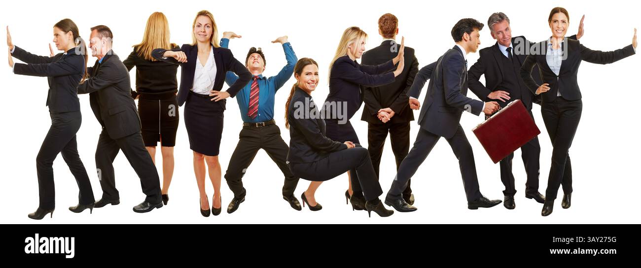 Collage de gens d'affaires dans de nombreuses poses et mouvements différents comme un concept d'affaires humoristique. Banque D'Images