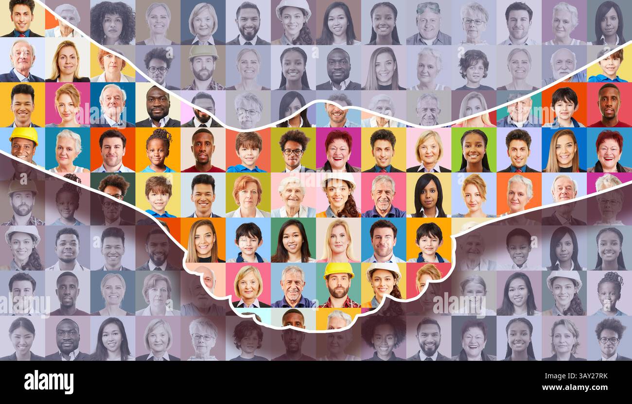 Silhouette de poignée de main devant de nombreux portraits colorés d'une société comme un concept d'unité et de protection. Banque D'Images