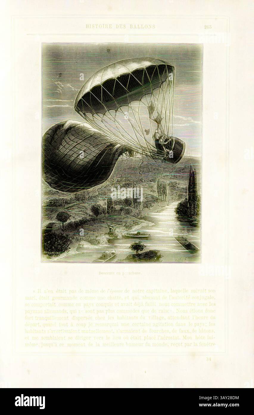 Une illustration fantaisiste d'une montgolfière volant gracieusement au-dessus d'un paysage pittoresque, entouré d'arbres luxuriants et d'une rivière sinueuse. La scène capture un sentiment d'aventure et d'exploration, avec le design complexe du ballon soulignant les merveilles de l'aviation précoce. La légende comprend également un récit historique sur l'importance de tels vols dans le contexte de la réalisation humaine., descente en parachute, saut en parachute par André-Jacques Garnerin le 22 octobre 1797, signé : R. E. Scherer ? ; claverie, fig. 48, p. 265, Claverie (SC.), 1876, Alfred Sircos ; th. Pallier : histoire des b Banque D'Images