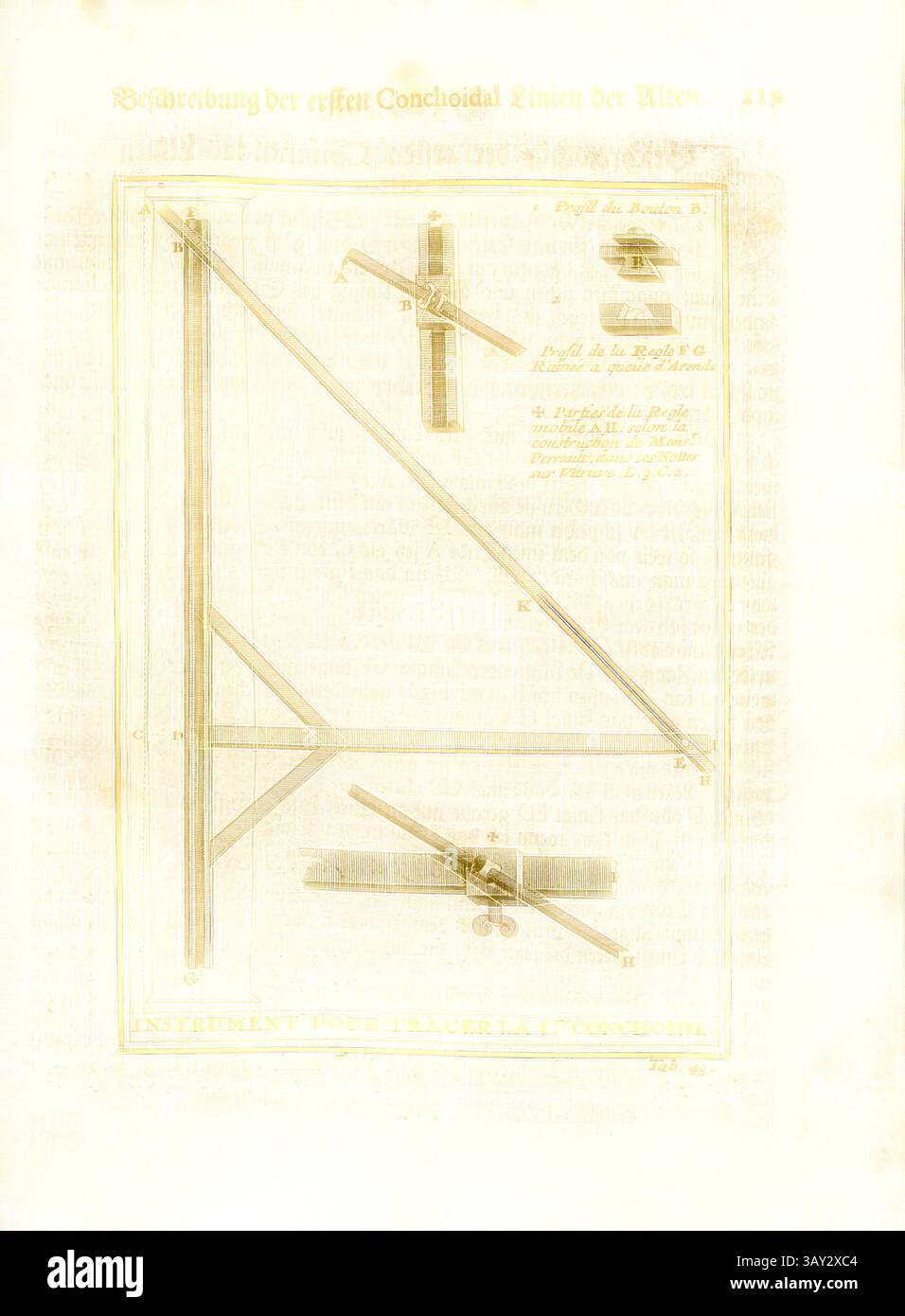 Une illustration détaillée présentant un outil de dessin géométrique, accompagnée de schémas de lignes conchoïdales. La conception comprend un grand triangle, un triangle plus petit, et une représentation stylisée d'un dispositif pour tracer les conchoïdes, mettant en évidence les concepts d'ingénierie complexes de l'époque., Description des premières lignes conchoïdales des anciens, instrument et sa fonction, qui permet le rétrécissement d'une colonne sur la base de la ligne conchoïde, Tab. 43, p. 119, Sturm, Leonhard Christian, 1725, Giacomo Barozzi da Vignola : Ausführliche Anleitung zu der gantzen civil-Bau-Kunst : worinnen nebst denen Banque D'Images