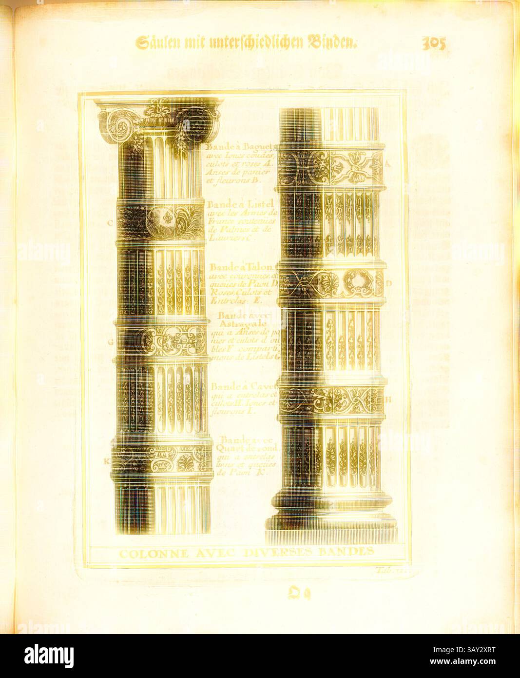 Illustrations détaillées de deux colonnes ornées, présentant des conceptions complexes et des styles architecturaux, accompagnées d'un texte descriptif dans un format vintage., cannelures rudentees Outright, cannelures, onglet. 121, p. 303, Augustin-Charles d'Aviler, Vignola, Michel-Ange, Leonhard Christoph Sturm, Hertel : Ausführliche Anleitung zu der gantzen civil-Bau-Kunst [...]. Augspurg : bey Johann Georg Hertel, 1747, Art classique avec une touche moderne réinventé par Artotop Banque D'Images