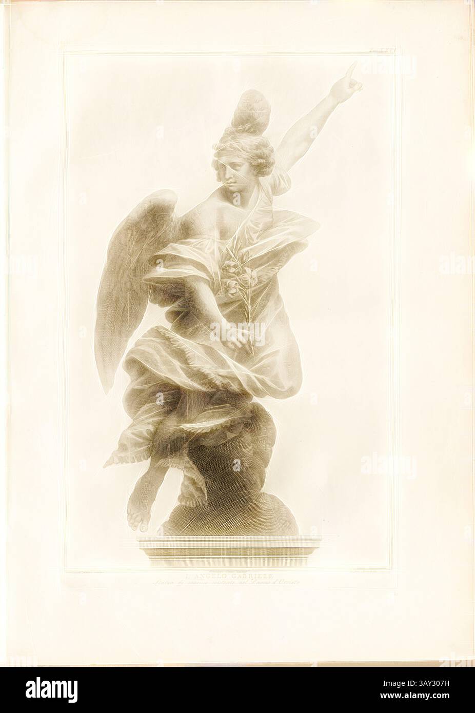 Un ange gracieux est capturé à mi-mouvement, un bras gracieusement levé comme s'il pointait vers les cieux. Vêtue de robes fluides qui coulent autour, la figure tient une fleur délicate, émanant un sentiment de paix et de présence divine. La composition est à la fois éthérée et édifiante, mettant en valeur l'expression sereine et les ailes majestueuses de l'ange., L'ange Gabriel, statue en marbre de l'archange Gabriel dans la cathédrale d'Orvieto, signé : Francesco Mochi scolpi ; Giuseppe Cades delineo ; Pietro Bombelli incise, Tav., XXVI, mochi, Francesco (scolpi) ; Cades, Giuseppe (delineo) ; Bombelli, Pietro (incise), Gu Banque D'Images