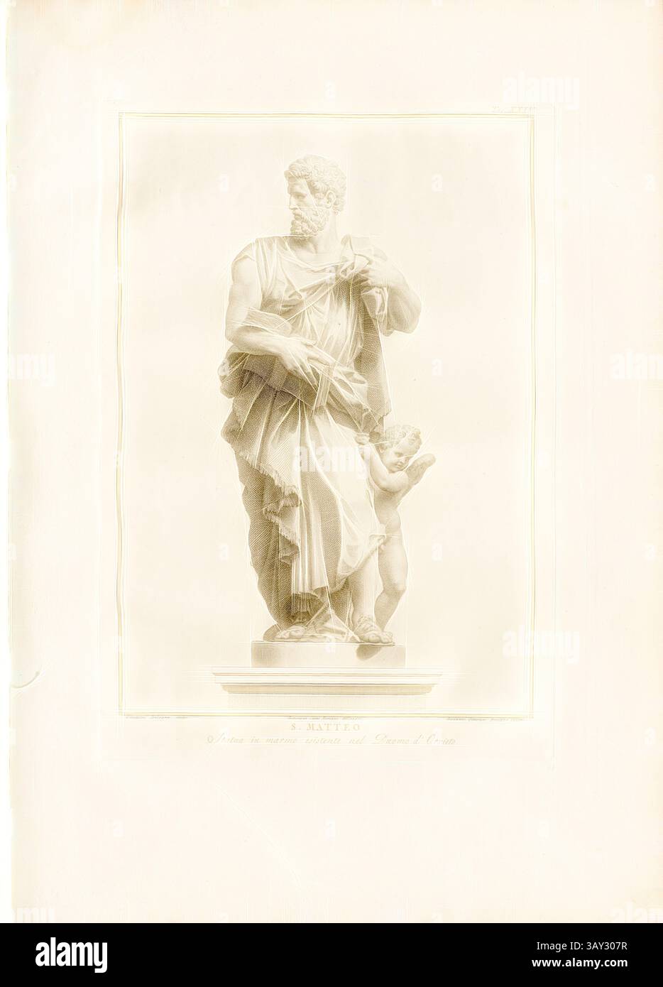 Sculpture classique représentant un homme barbu drapé de robes fluides, debout avec confiance tout en berçant un enfant à côté de lui. Les détails complexes du tissu et les expressions des deux figures transmettent un sentiment de sagesse et d'affection., Matthieu, statue en marbre de l'apôtre Matthieu dans la cathédrale d'Orvieto, signé : Giovanni Bologna scolpi ; Giuseppe Cades Romano delineo ; Giovanni Ottaviani Romano incise, Tav., XXIV, Bologne, Giovanni da (scolpi), Cades, Giuseppe (delineo) ; Ottaviani, Giovanni (incise), Guglielmo Della Valle : Storia del duomo di Orvieto. Roma : presso i Lazzarini, MDCCXCI [179 Banque D'Images