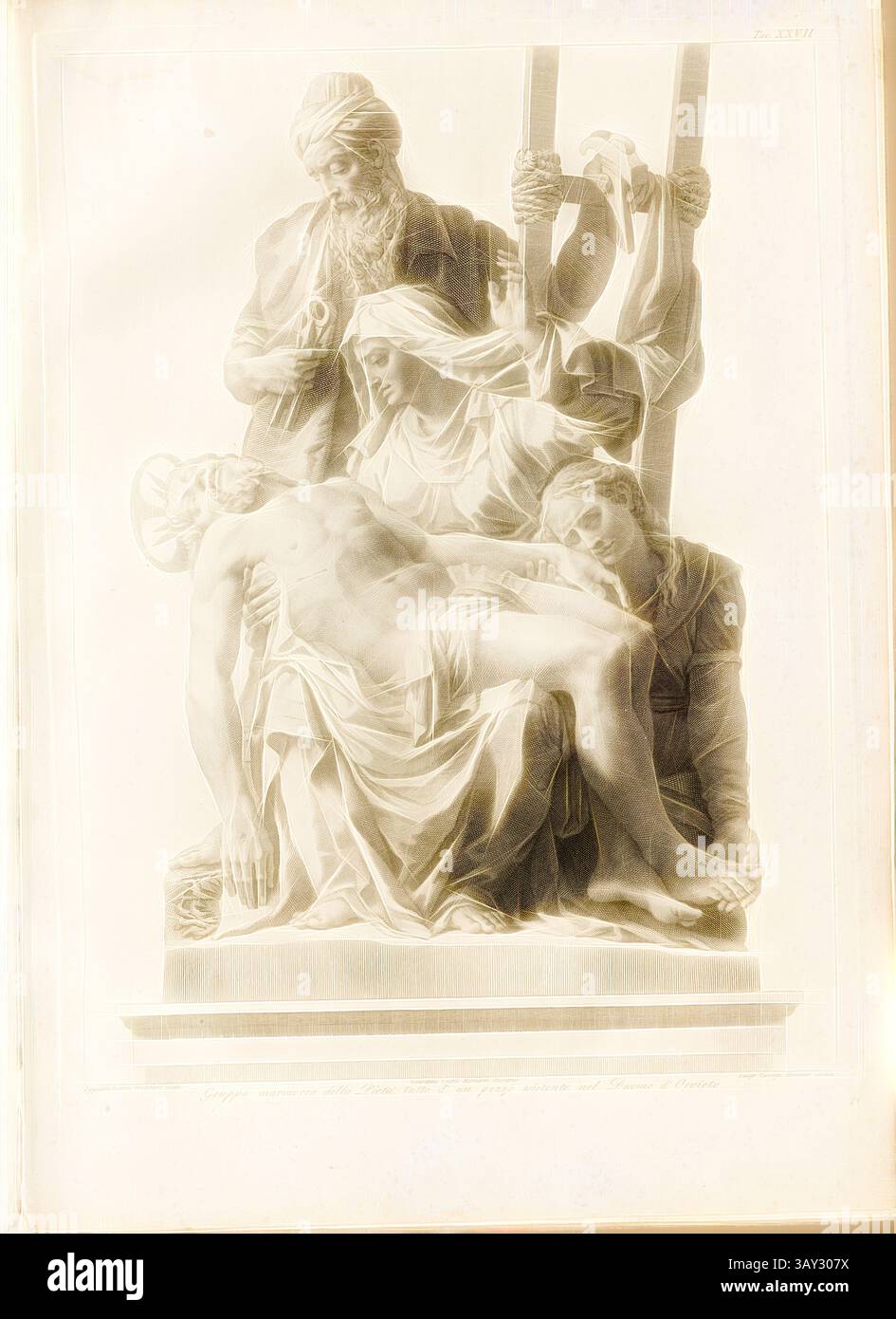 Une scène sombre représentant un moment de deuil, avec trois personnages rassemblés autour d'une figure du Christ sans vie, exprimant une profonde tristesse et compassion. La composition est marquée par des poses dramatiques et des détails complexes, capturant le poids émotionnel du moment., pitié, Groupe de marbres dans la cathédrale d'Oriveto, signé : Ippolito Scalza Orvietano scolpi ; Giuseppe Cades Romano disegno ; Luigi Canego Romano incise, Tav., XXVII, Scalza, Ippolito (scolpi) ; Cades, Giuseppe (disegno) ; Canego, Luigi (incise), Guglielmo Della Valle : Storia del duomo di Orvieto. Roma : presso i Lazzarini, MDCCXCI [1791], Banque D'Images