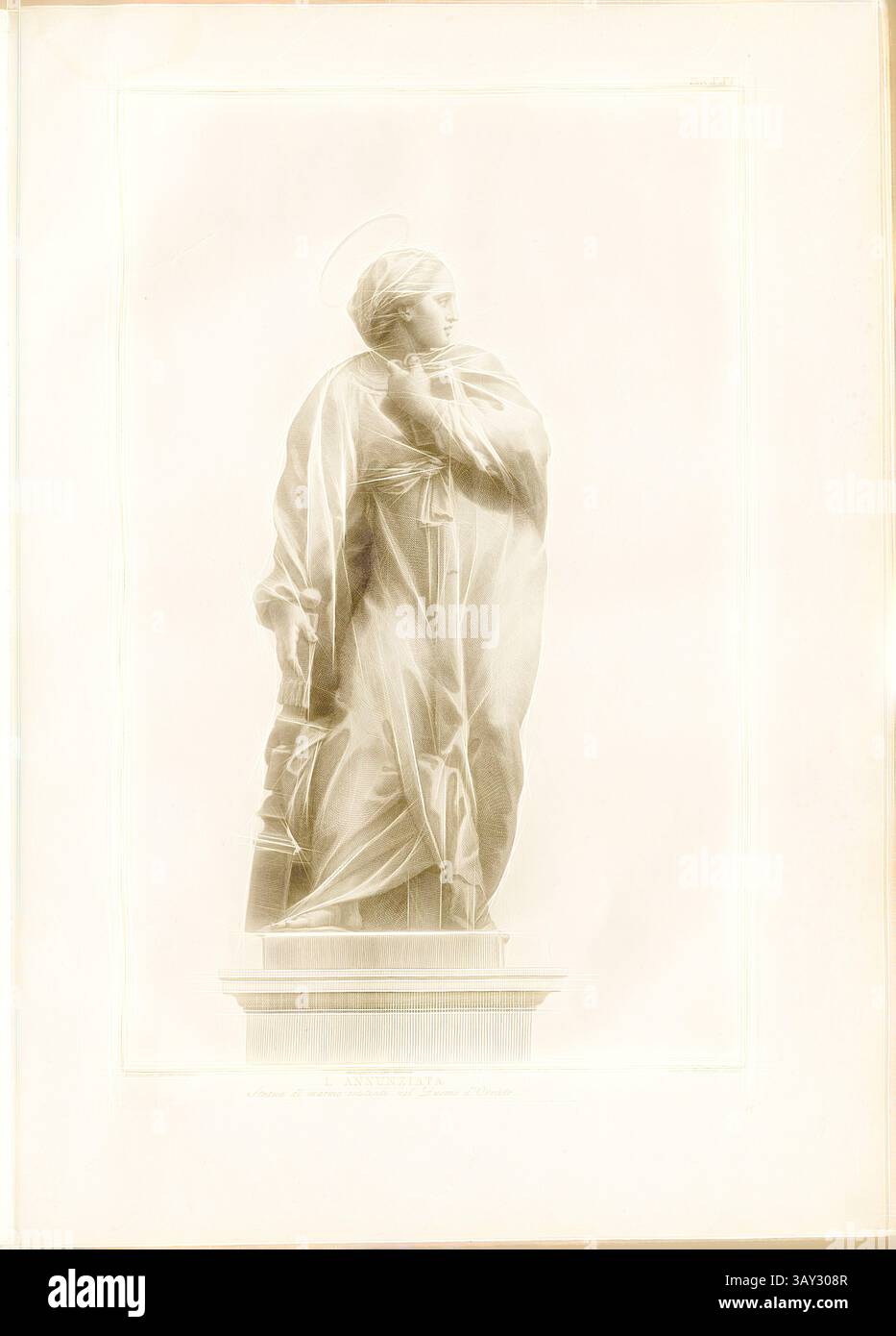 Une statue d'une figure drapée se dresse élégamment, regardant sur le côté avec une expression sereine. Les plis du vêtement sont minutieusement détaillés, soulignant la forme et la grâce de la figure. Un halo doux entoure la tête, ajoutant une qualité éthérée à la composition., L'Annonciation, statue de marbre dans la cathédrale d'Orvieto, signée : Francesco Mochi scolpi ; Giuseppe Cades delineo ; Pietro Bombelli incise, Tav., XXV, mochi, Francesco (scolpi) ; Cades, Giuseppe (delineo) ; Bombelli, Pietro (incise), Guglielmo Della Valle : Storia del duomo di Orvieto. Roma : presso i Lazzarini, MDCCXCI [1791], classique Banque D'Images