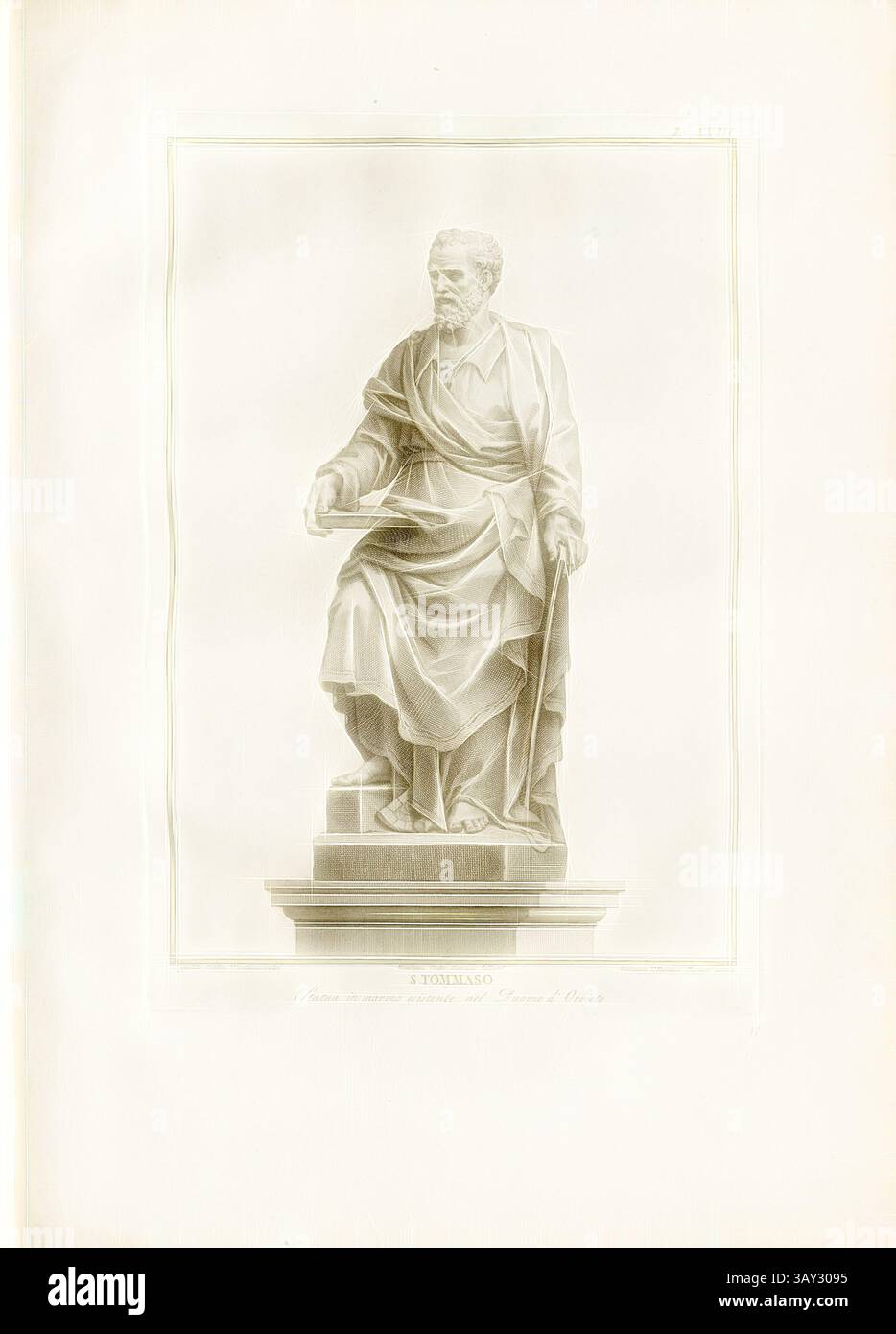 Représentation détaillée d'une sculpture classique d'une figure assise, drapée de vêtements fluides, avec une expression réfléchie et un rouleau à la main, mettant en valeur l'artisanat complexe et l'art classique., Thomas, statue en marbre de l'apôtre Thomas dans la cathédrale d'Orvieto, signé : Ippolito Scalza Orvietano scolpi ; Giuseppe Cades Romano delineo ; Giovanni Ottaviani Romano incise, Tav., XXIII, Scalza, Ippolito (scolpi) ; Cades, Romano (delineo) ; Ottaviani, Giovanni (incise), Guglielmo Della Valle : Storia del duomo di Orvieto. Roma : presso i Lazzarini, MDCCXCI [1791], Art classique avec un twi moderne Banque D'Images