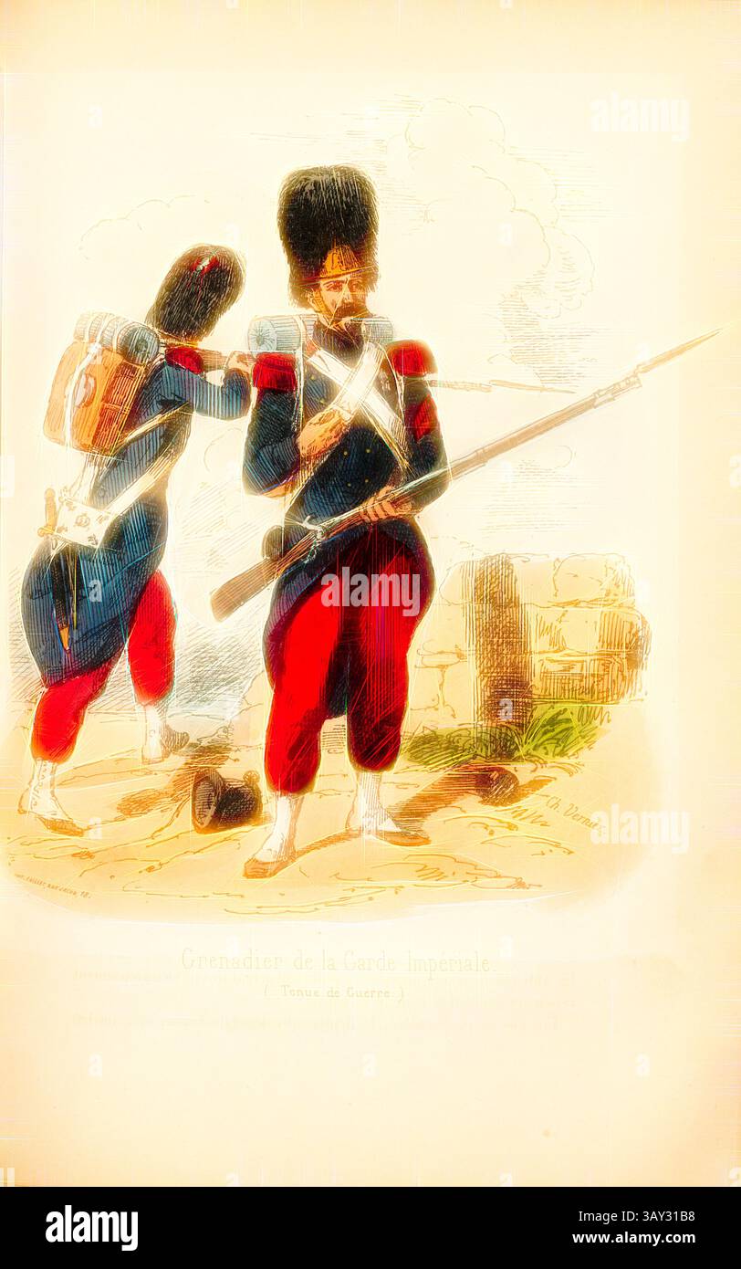 Deux grenadiers de la Garde impériale sont représentés dans des tenues militaires détaillées, mettant en valeur leurs uniformes distinctifs. Un soldat se tient à l'attention, tenant un fusil, tandis qu'un autre ajuste l'équipement sur son dos. La scène capture un moment de camaraderie, dans un contexte qui laisse entrevoir une signification historique., Grenadier de la Garde Impériale, Grenadier de la Garde Impériale, signé : Ch. Vernier, Fig. 12, partie 1, après p. 280, Vernier, Ch. (dess.), Amédée de Cesena : campagne de Piémont et de Lombardie en 1859. Paris : Garnier frères, 1860, Art classique avec une touche moderne réinventé b Banque D'Images