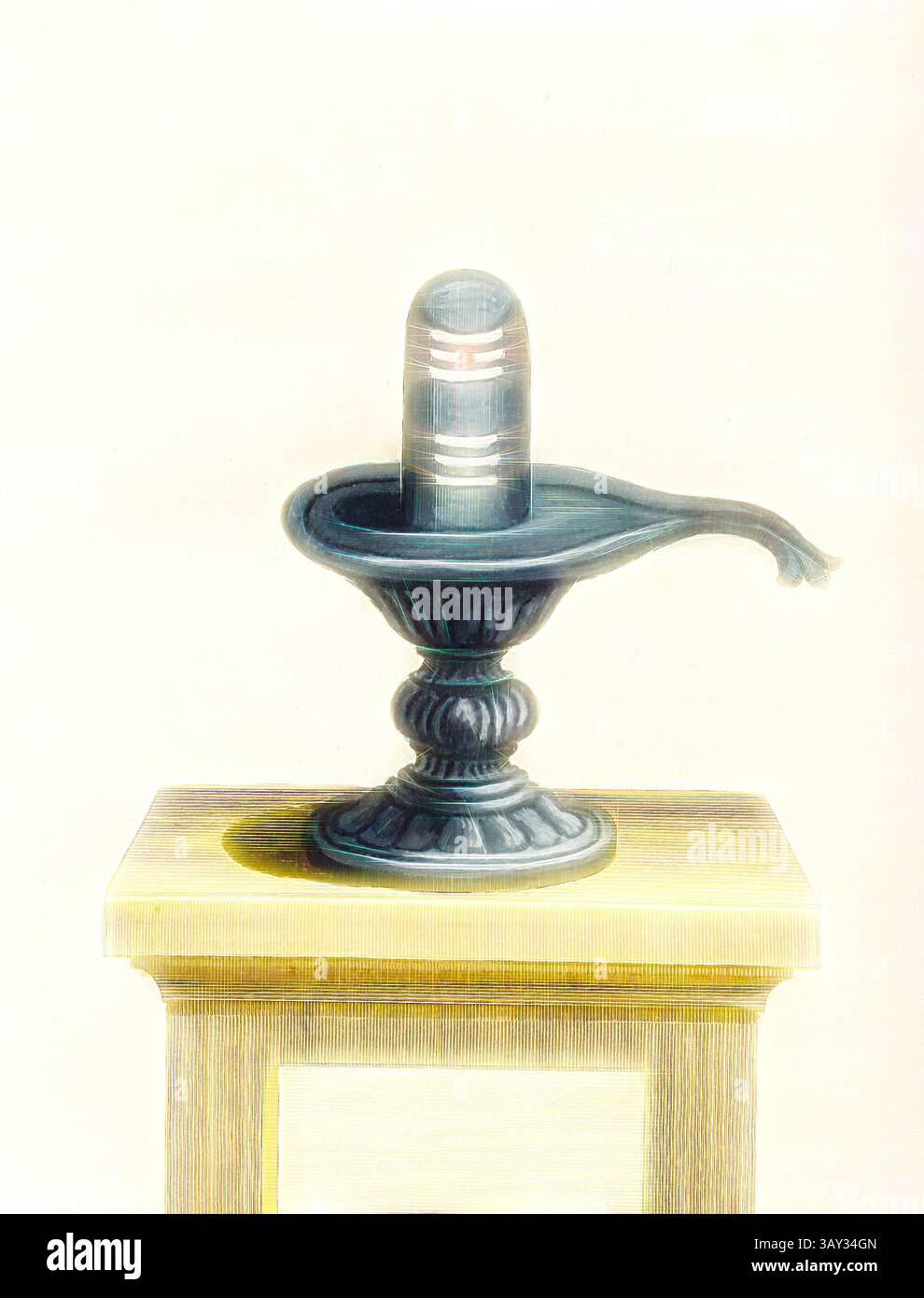 Une lampe à huile vintage se trouve élégamment sur un piédestal, son design orné complété par un insert en verre qui capte la lumière, évoquant un sentiment de nostalgie et de charme., Lingam, le Lingam en forme de phallus (ou Linga), la forme la plus sacrée qui symbolise le pouvoir créatif de Shiva, signé : P. Sonnerat pinx, poisson SC, pl. 54, avant p. 179 (vol. 1), Sonnerat, Pierre M. (pinx.) ; poisson, Jean-Baptiste Marie (Sculp.), 1782, Sonnerat, Pierre : voyages aux Indes orientales et a la Chine. Fait par ordre du roi depuis 1774 jusqu'en 1781 : dans lequel on traite des moeurs, de la religion, des sciences & des arts Banque D'Images