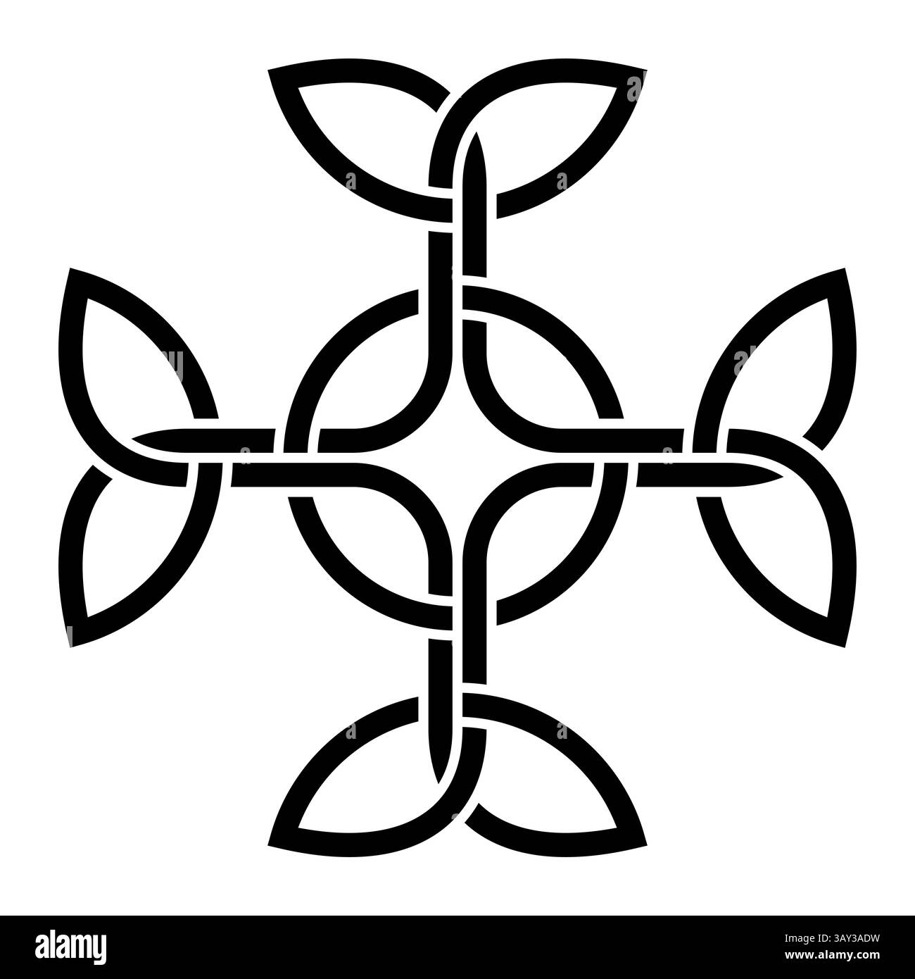 Croix celtique avec bras égaux entrelacés. Forme celtique de la croix grecque, avec des nœuds triangulaires à ses quatre extrémités, entrelacés avec un cercle. Banque D'Images