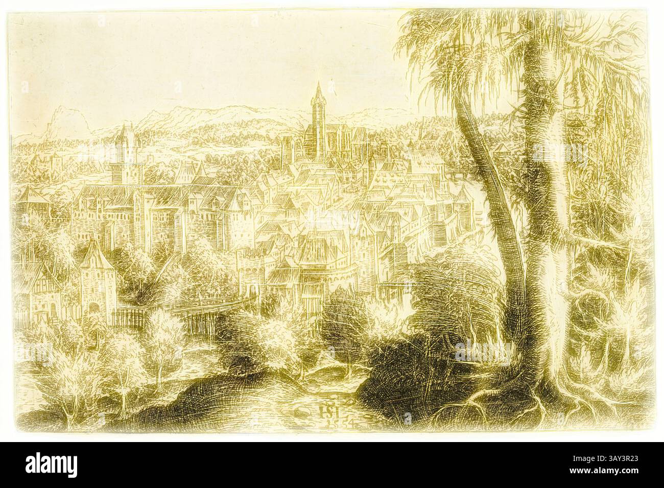 Un paysage détaillé représentant une ville pittoresque nichée au milieu de collines vallonnées, caractérisée par des bâtiments historiques, des clochers imposants et des arbres luxuriants, le tout encadré par un plan d'eau serein au premier plan., Hans Sebald Lautensack, allemand, 1524-1560, vue de Steyr sur la rivière Enns, 1554, gravure imprimée à l'encre noire sur papier, feuille (rognée dans la plaque) : 4 1/4 × 6 5/8 pouces (10,8 × 16,8 cm), art classique avec une touche moderne réinventée par Artotop Banque D'Images