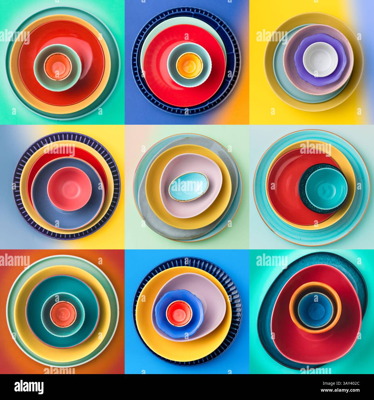 Une collection vibrante de neuf plaques empilées disposées en grille. Chaque ensemble dispose d'un mélange unique de couleurs et de tailles, créant un vif et arti Banque D'Images