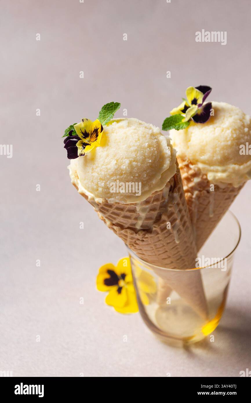 Deux boules de glace à la vanille servies dans des cônes gaufrés, ornés de petites fleurs comestibles de pensées et de feuilles de menthe, présentées dans un verre. Banque D'Images