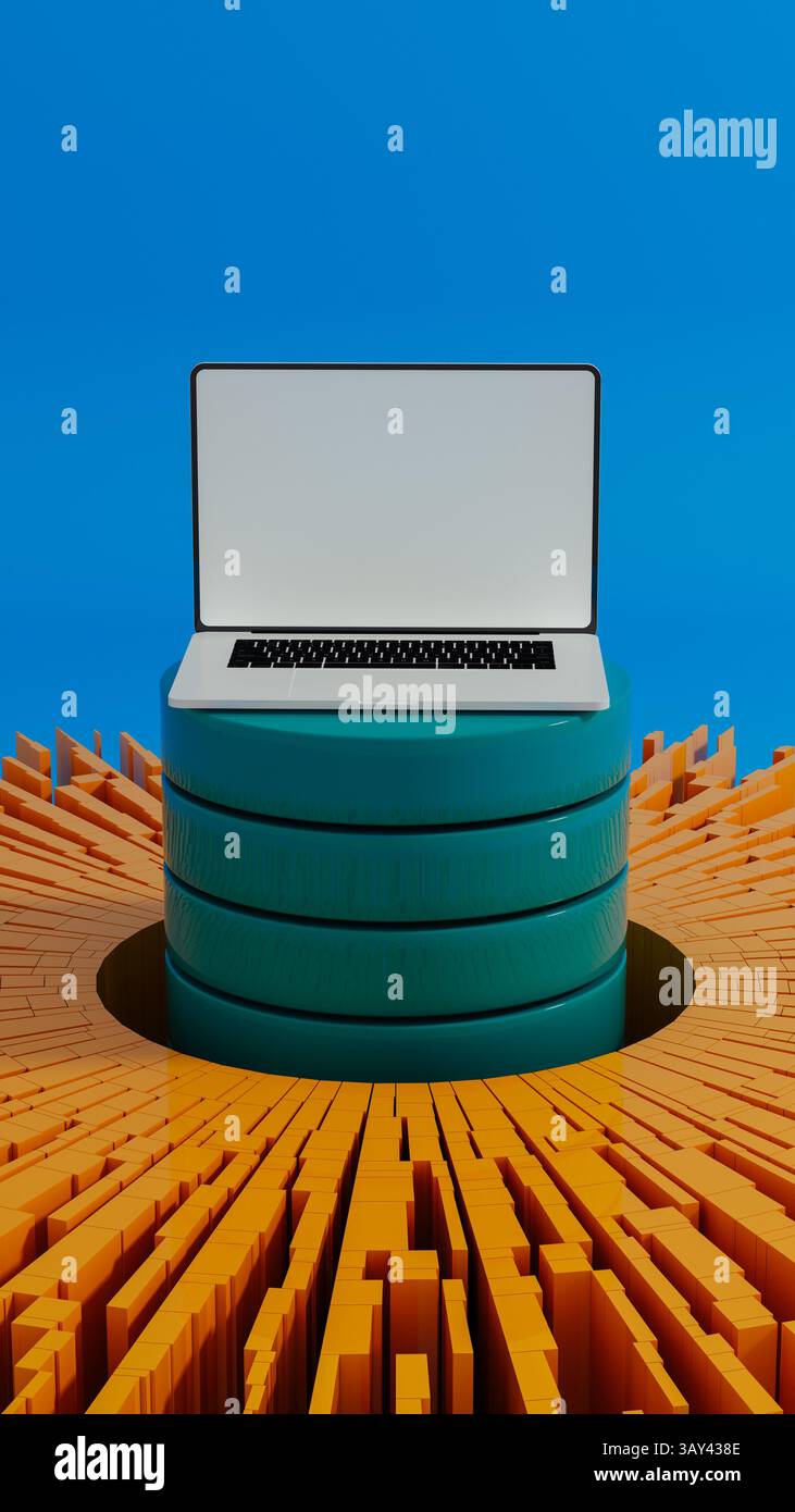 Un ordinateur portable est entouré d'éléments de données dynamiques, symbolisant la connexion et l'activité réseau pour la technologie de l'intelligence artificielle. Banque D'Images