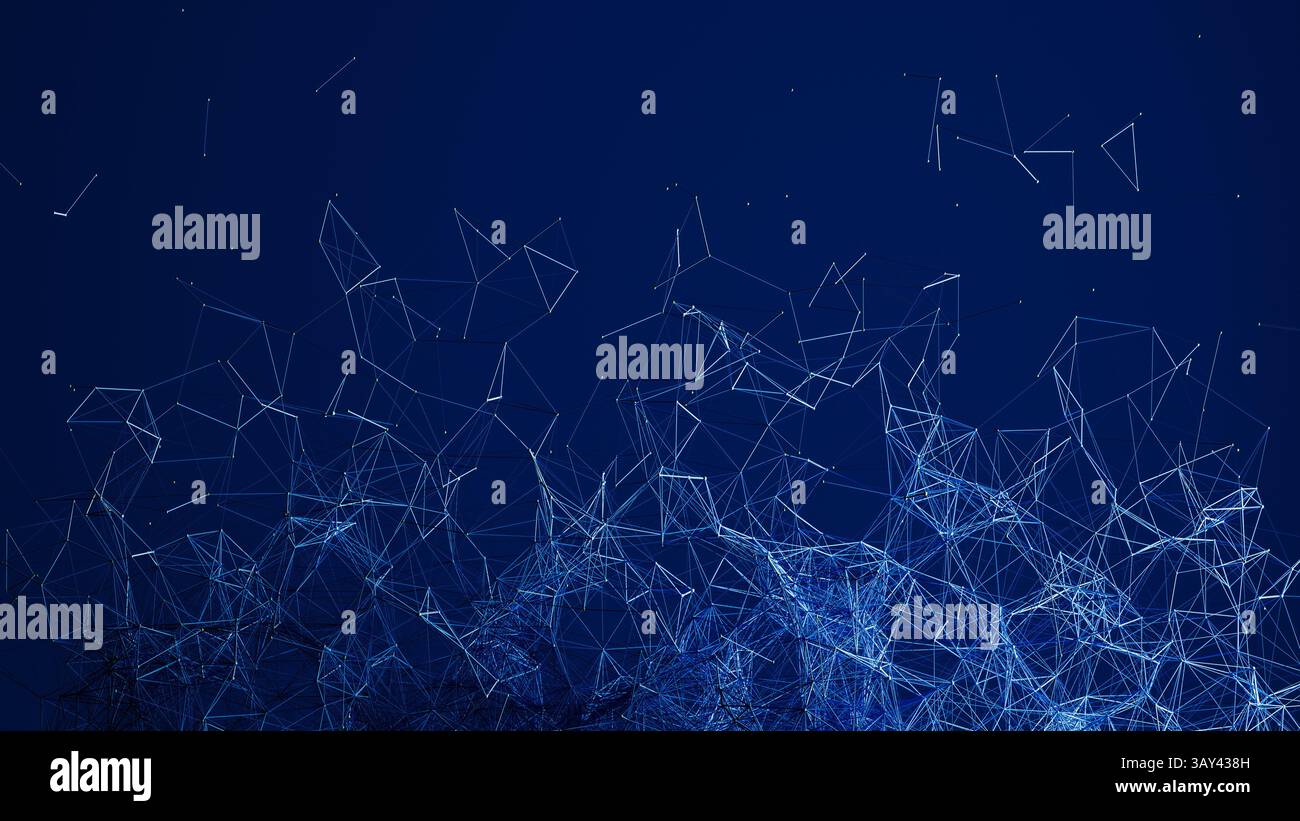 Cette représentation artistique présente un jeu complexe de formes géométriques placées sur un fond bleu foncé, parfait pour les thèmes axés sur la technologie. Banque D'Images