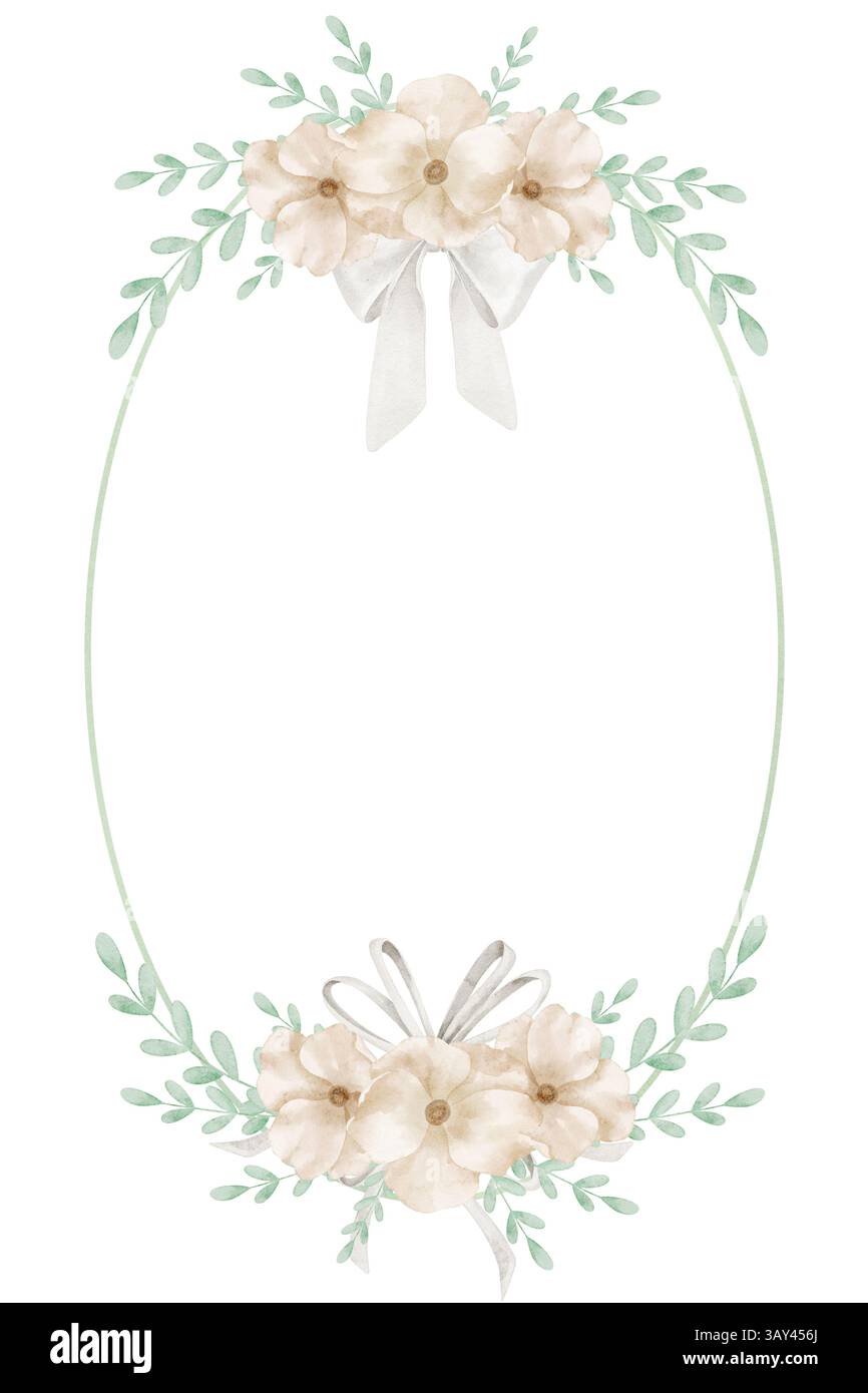 Cadre circulaire floral aquarelle avec fleurs et feuilles beiges. Illustration de modèle pour cartes de voeux enfantines ou invitations de douche de bébé dans des couleurs pastel. Couronne botanique pour les invitations de mariage. Banque D'Images